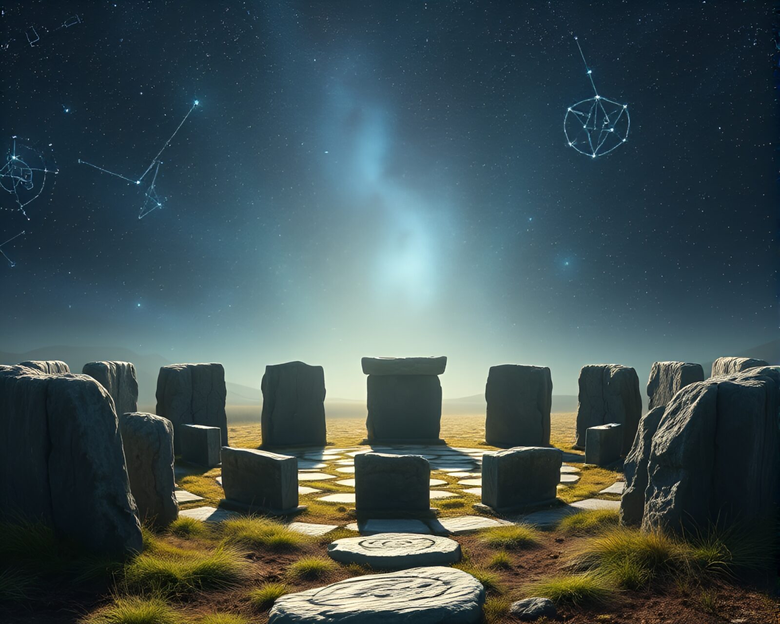 Weathered stones in moss-covered stone circle glowing under stars