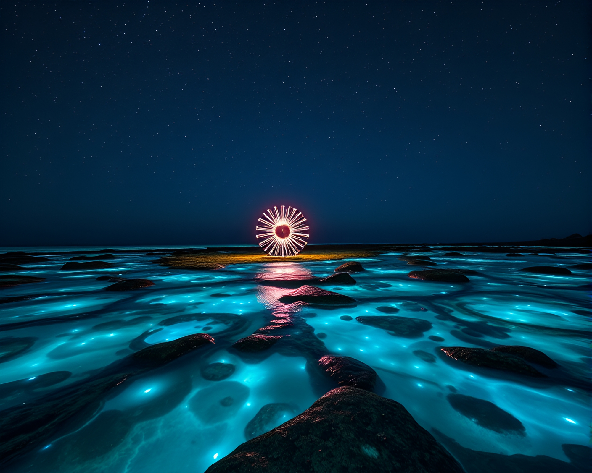 Enchanting Bioluminescent Tide Pools and Kinetic Sculpture – free AI stock image