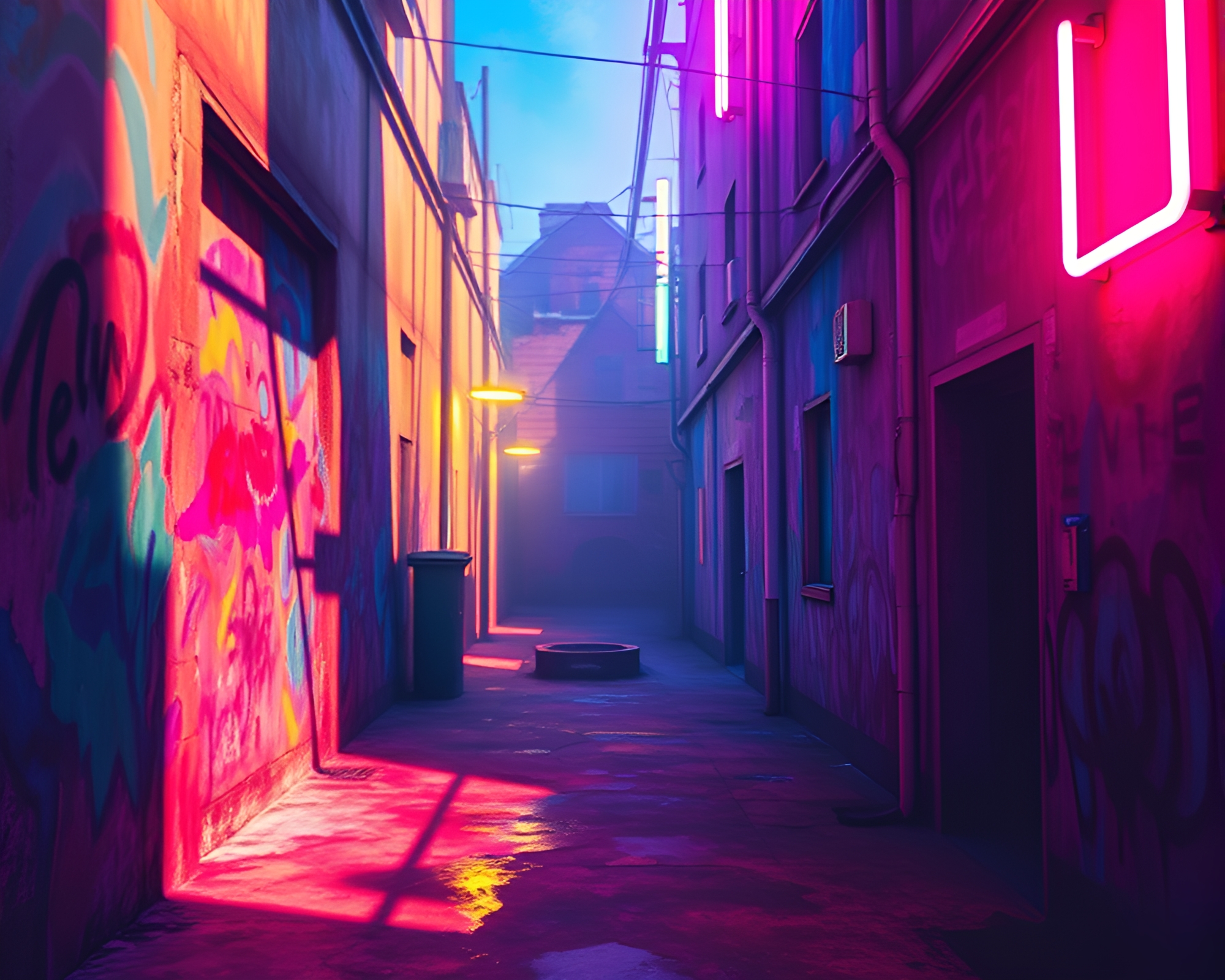 Surreal Neon Alleyway: Vivid Colors Collide – free AI stock image