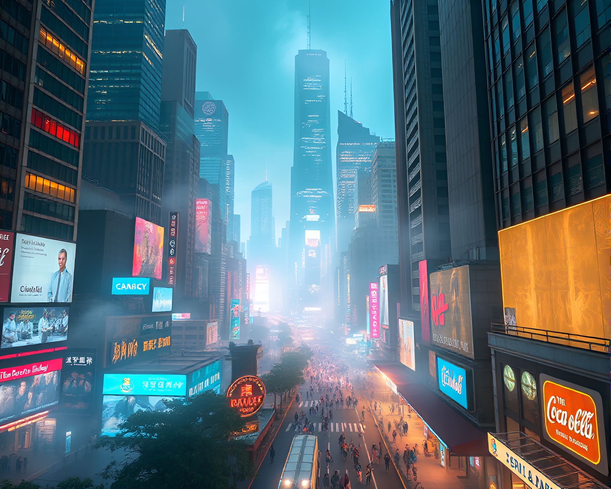 Ethereal Cityscape: Vibrant Life in Dreamlike Urban Setting – free AI stock image