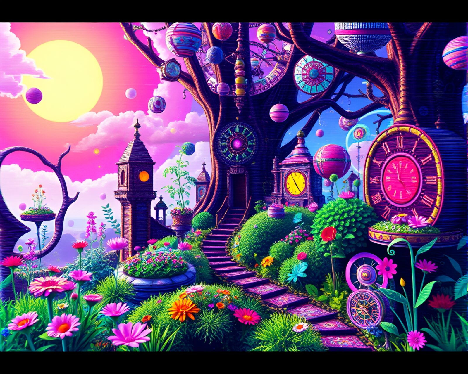 Surreal pixelated garden with intricate machinery and fantastical flora