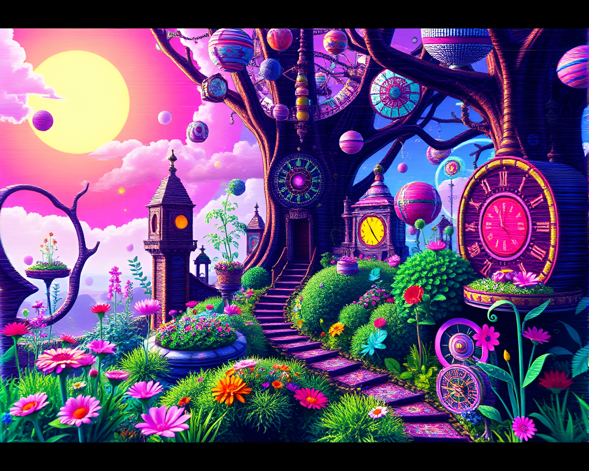 Vibrant 8-Bit Clockwork Garden Glitch Art Masterpiece – free AI stock image