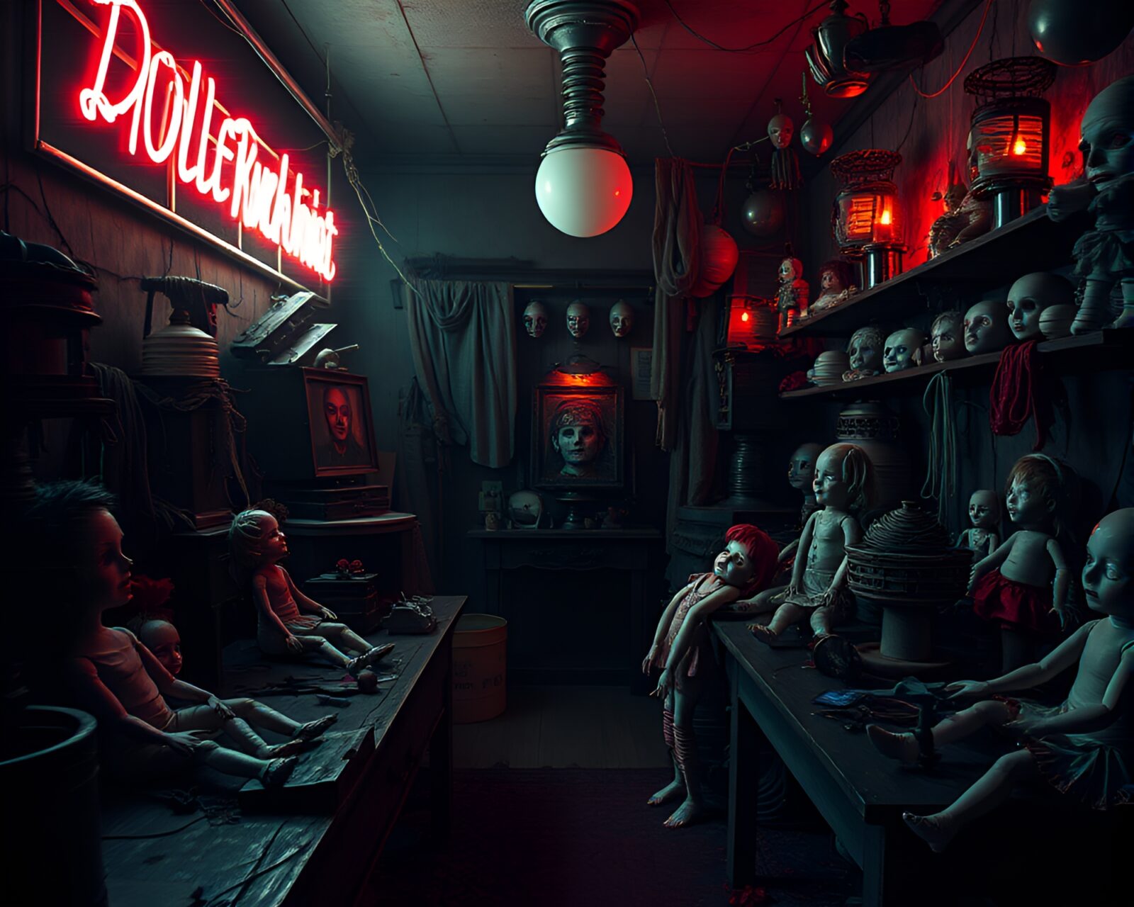 Dimly lit room with twisted porcelain dolls and glitch art