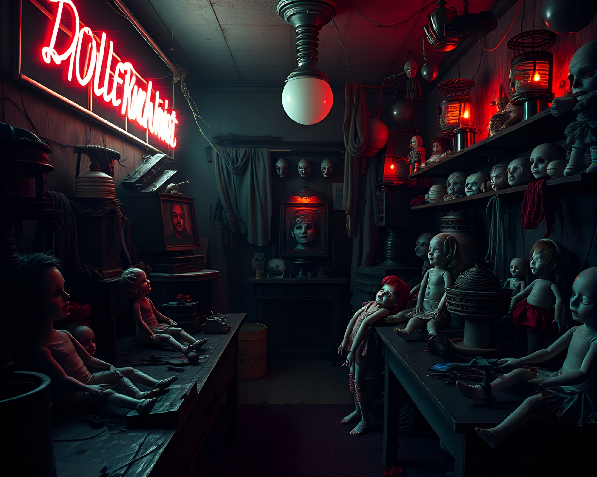 Eerie Macabre Doll Workshop in Noir Aesthetic – free AI stock image