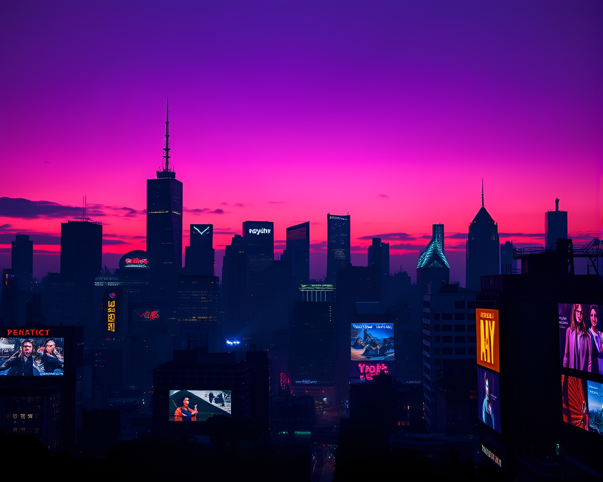 Surreal Urban Skyline at Dusk with Glowing Neon Lights – free AI stock image