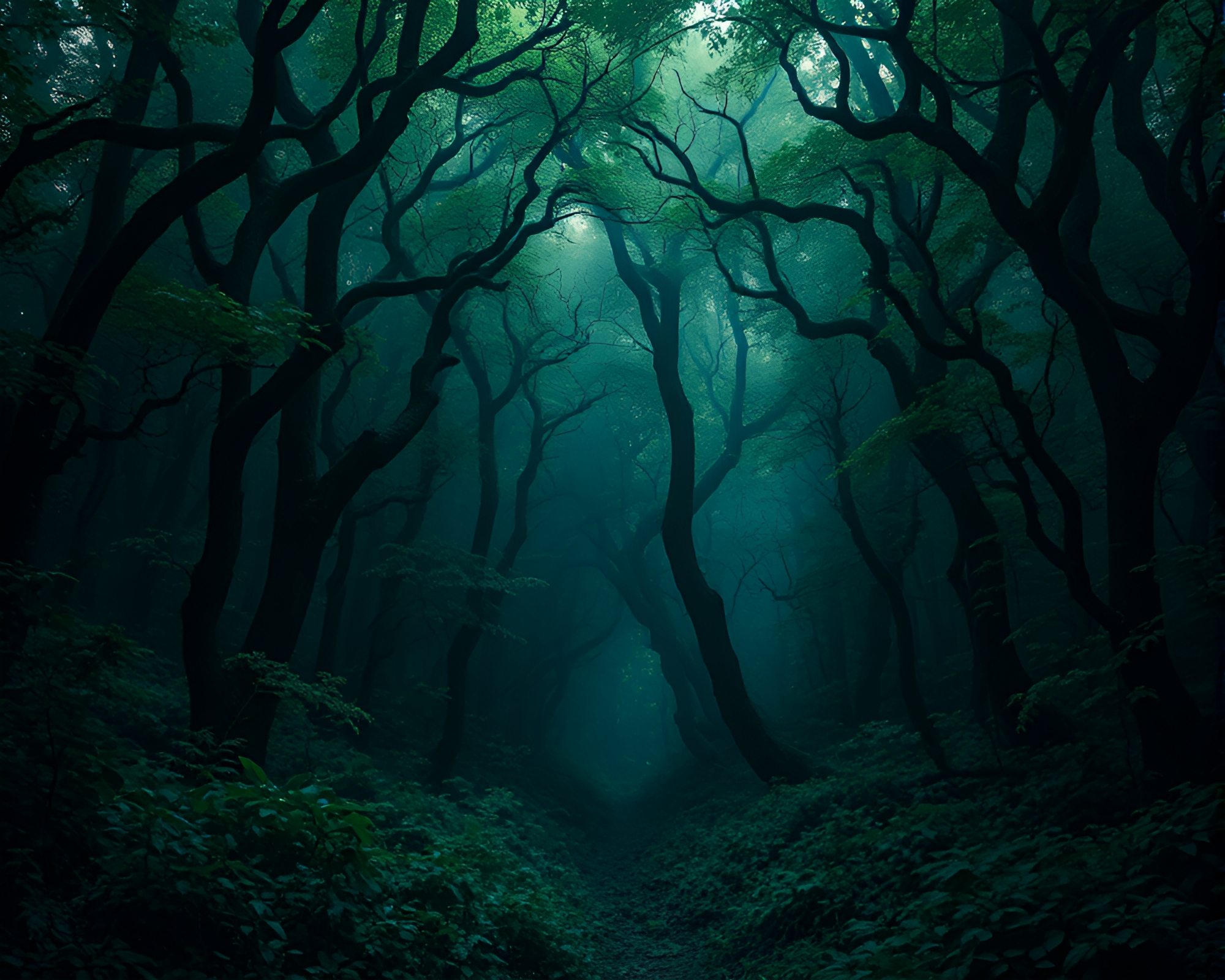 Eerie Shadow in Emerald Canopy: 3D Forest Scene – free AI stock image