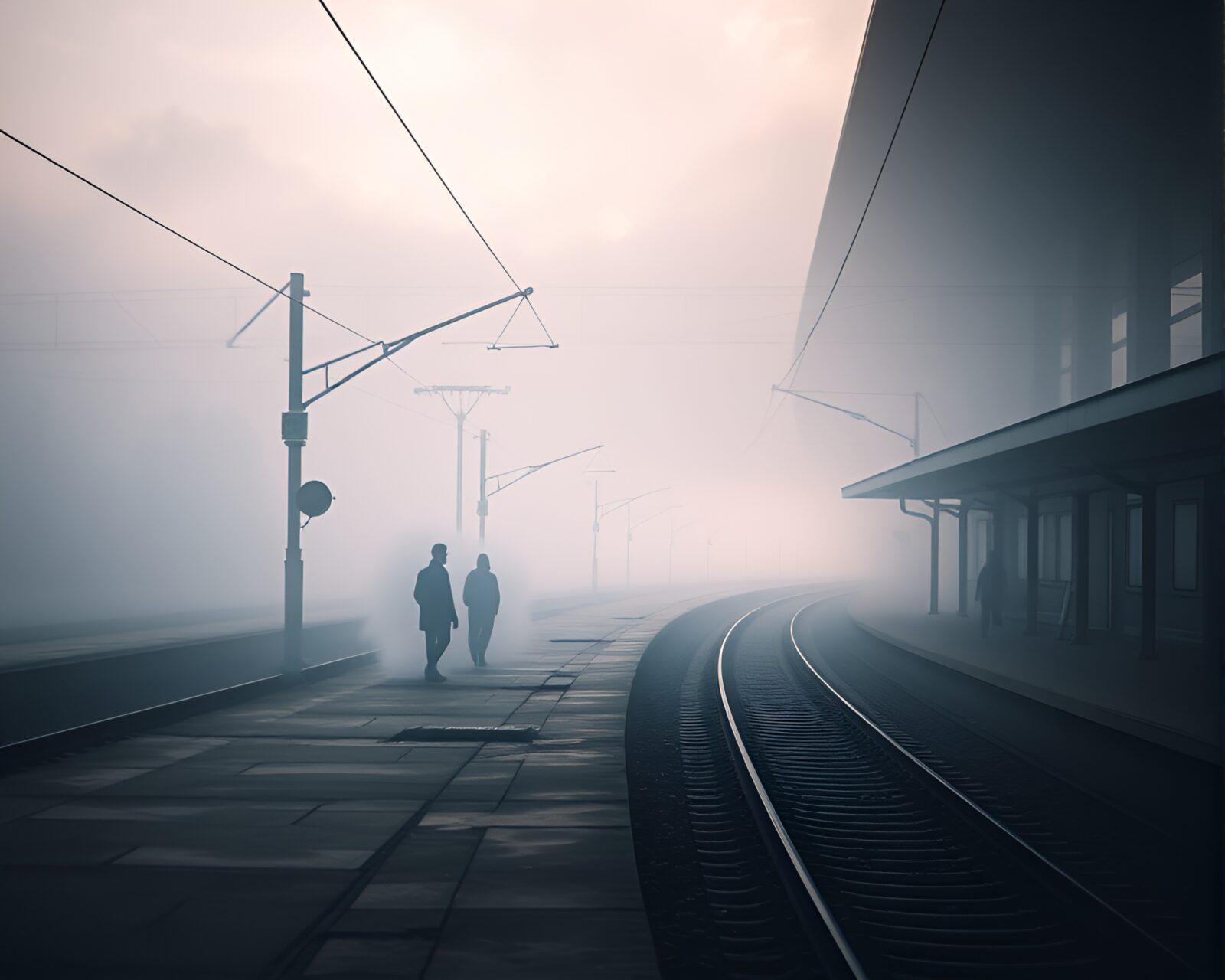 Misty railway with ethereal figures in impressionistic colors