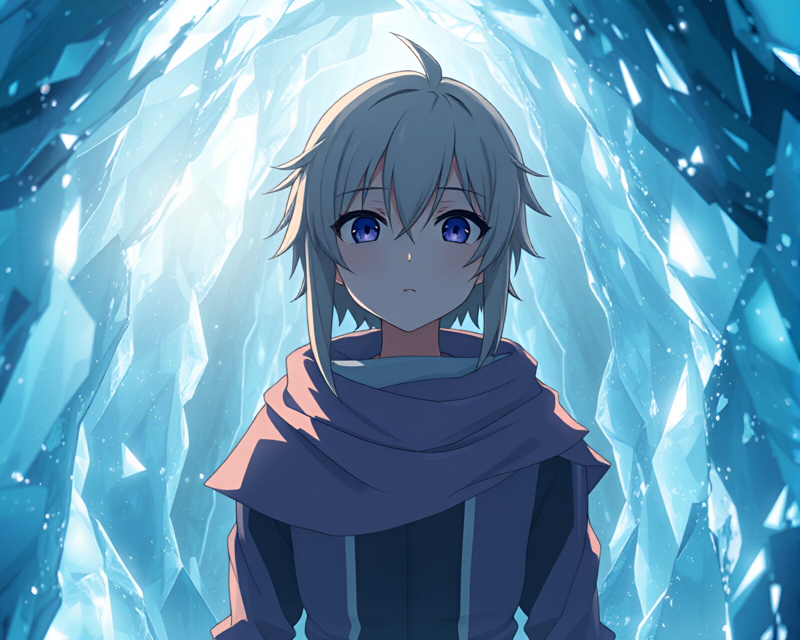 Anime character in awe of shimmering ice crystals