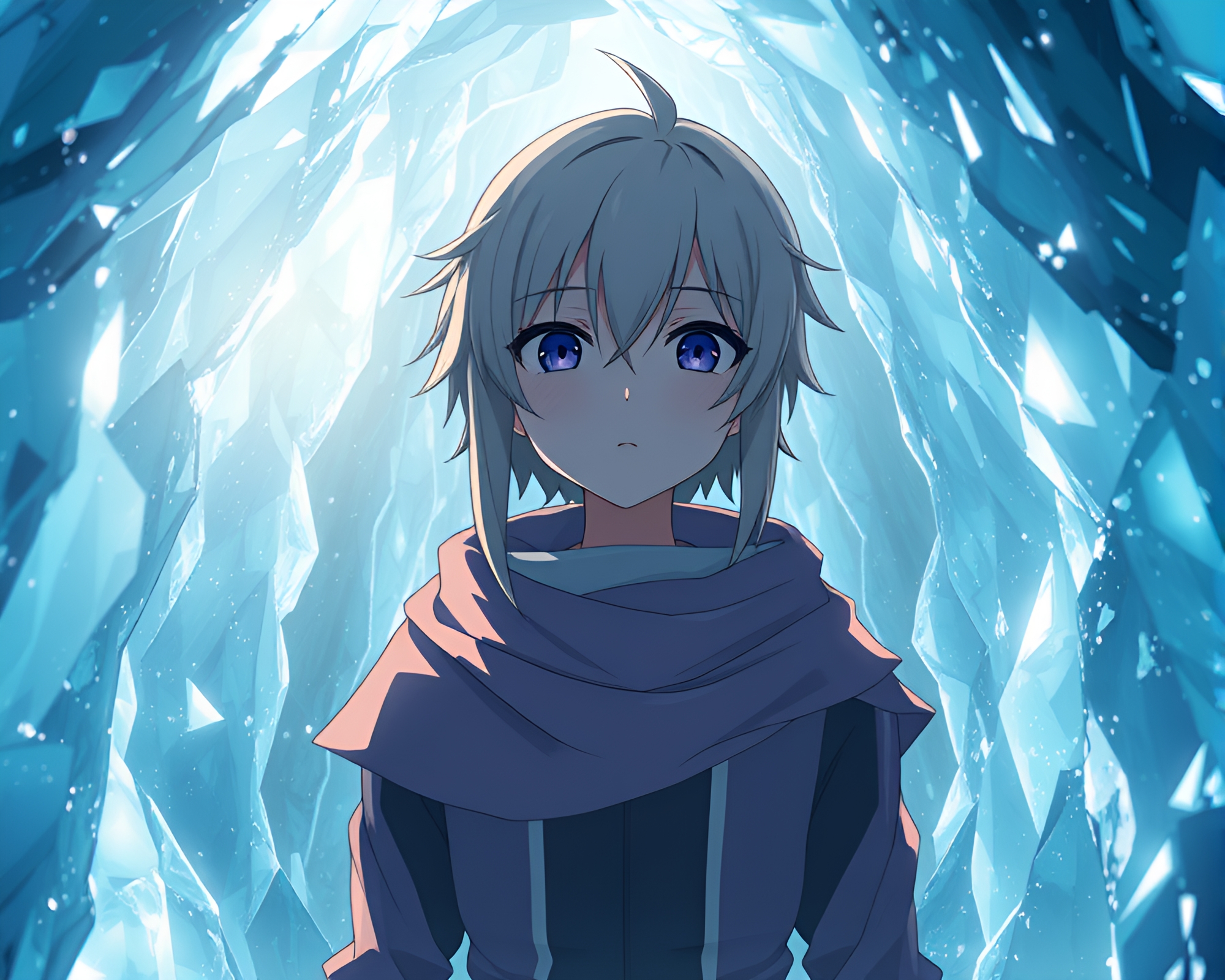 Ethereal anime character in mesmerizing ice prism cavern – free AI stock image