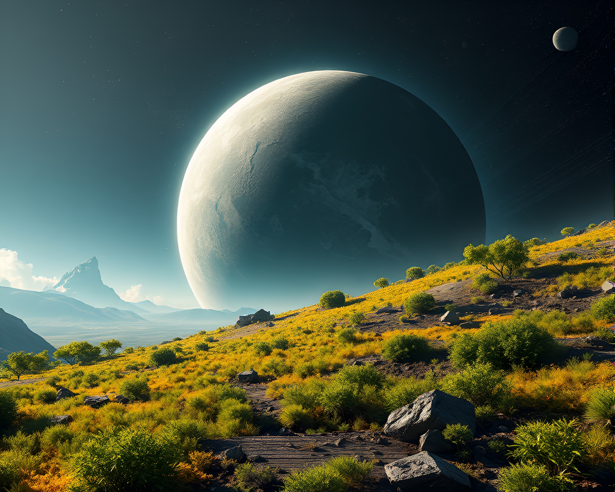Vibrant Vegetation Reclaiming Shattered Planet Landscape – free AI stock image