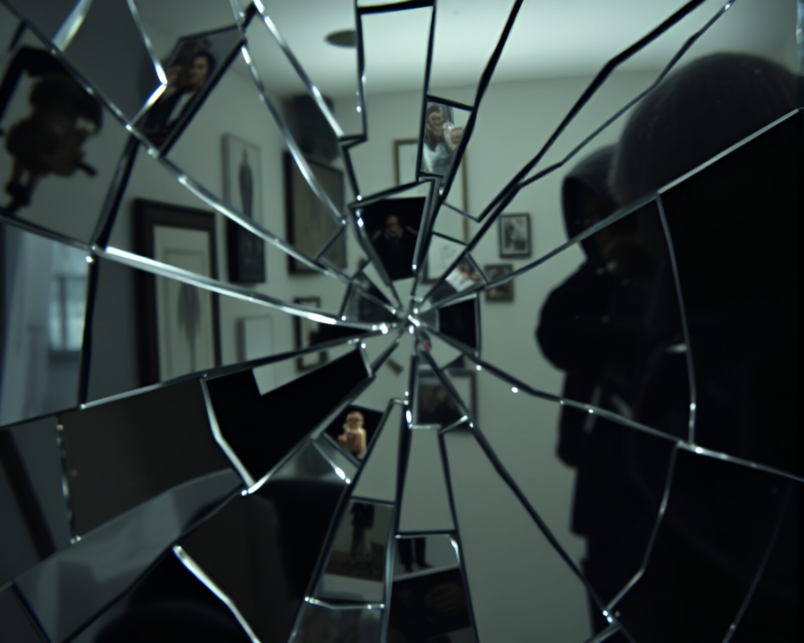 Surreal image of shattered mirror reflecting distorted collage.