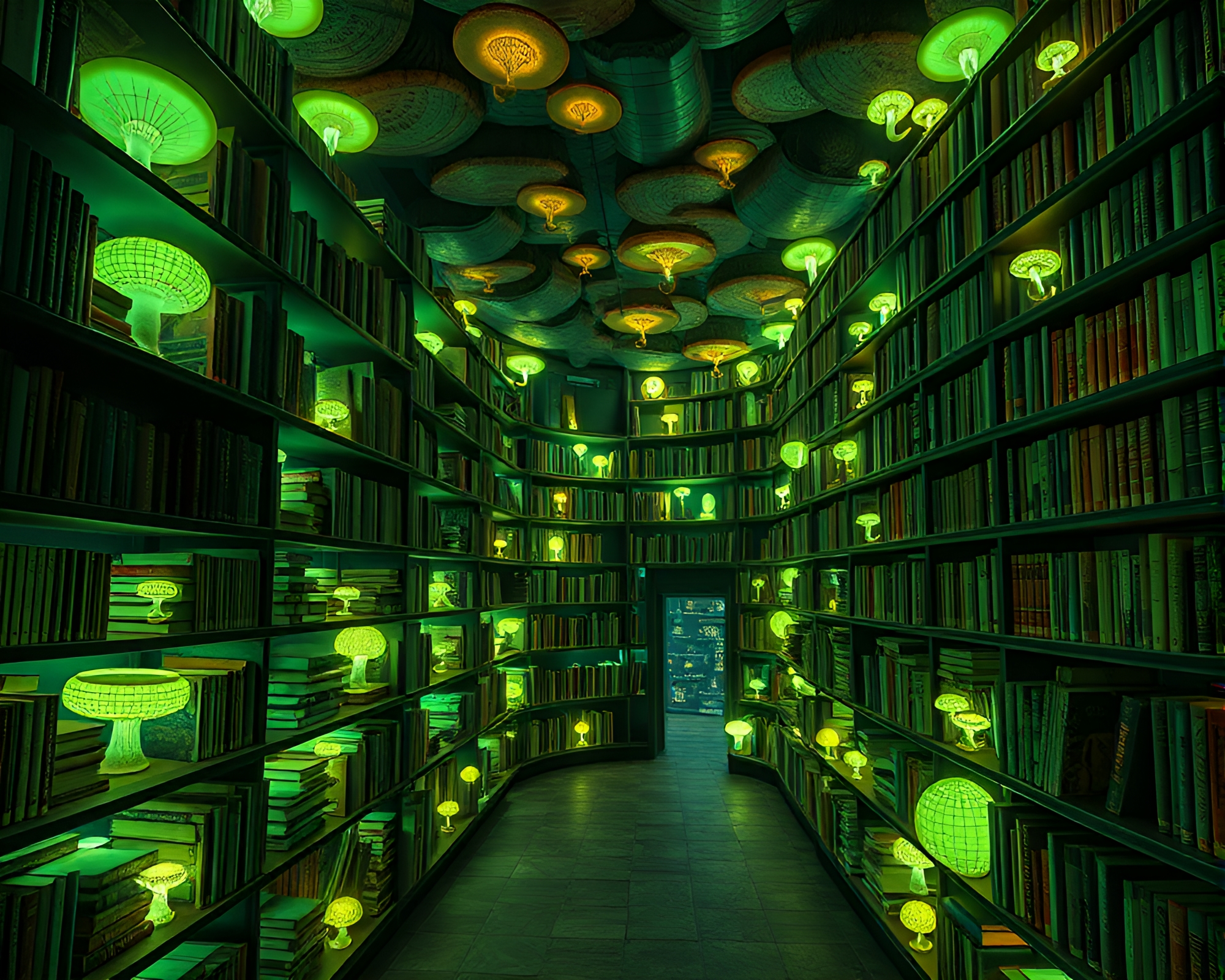 Enchanting Bioluminescent Library Mystifies with Eerie Glow – free AI stock image