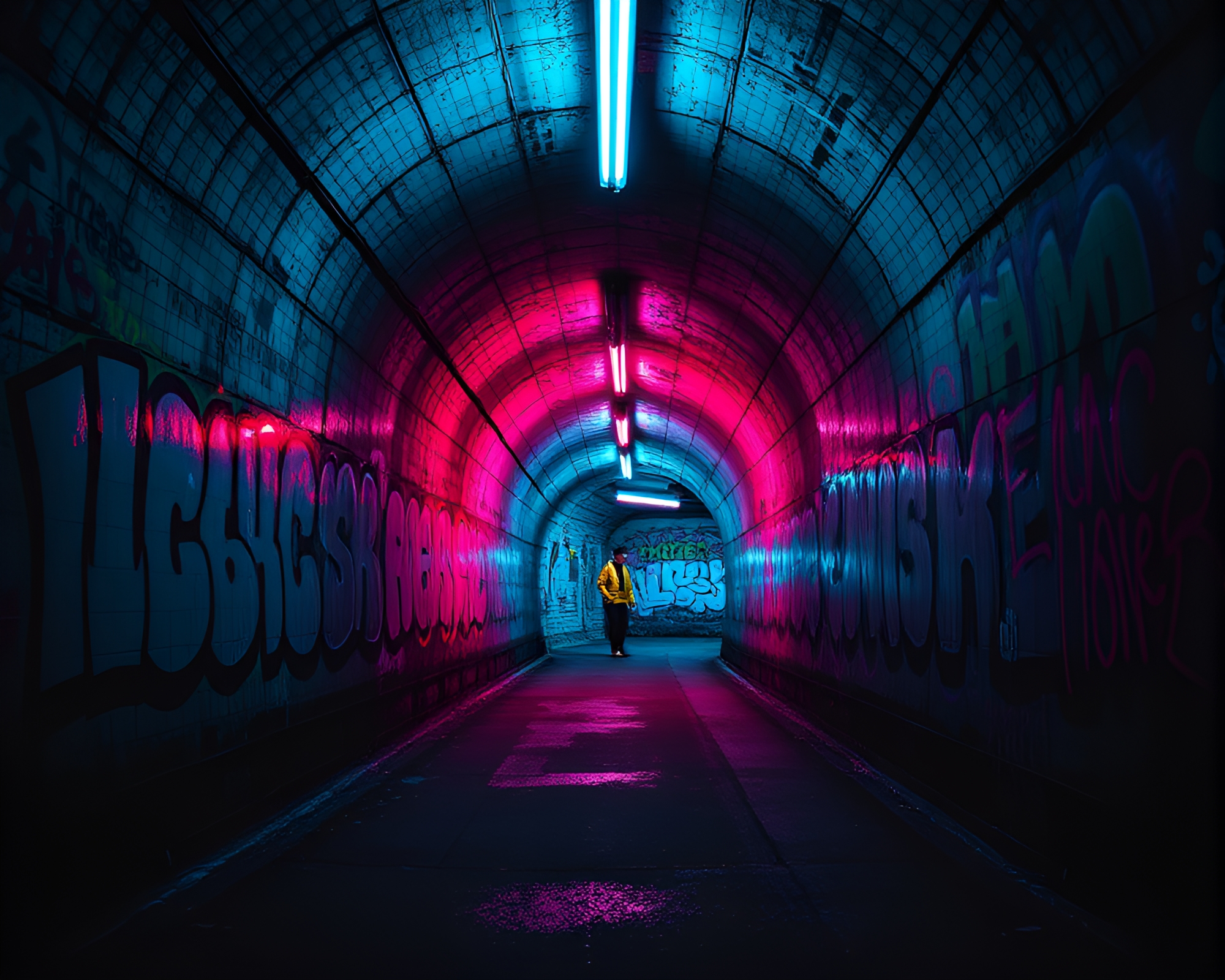 Vibrant Neon Graffiti in Mysterious Tunnel – free AI stock image
