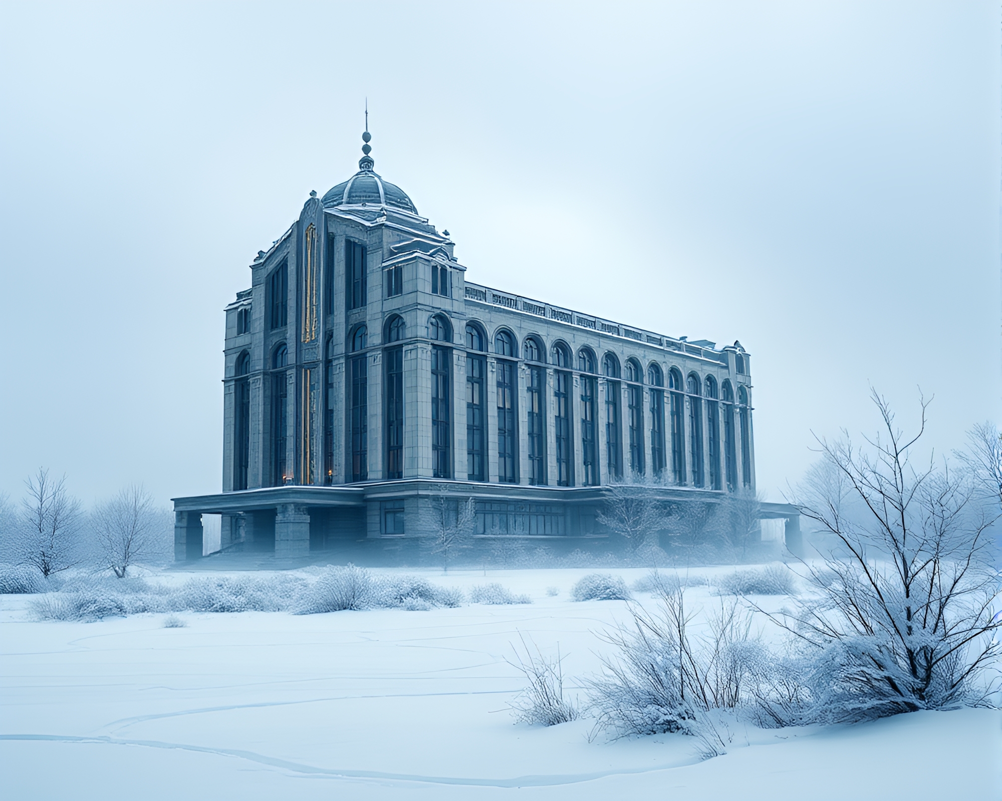 Glittering Frost Plains: Magnificent Art Deco Building in Winter – free AI stock image