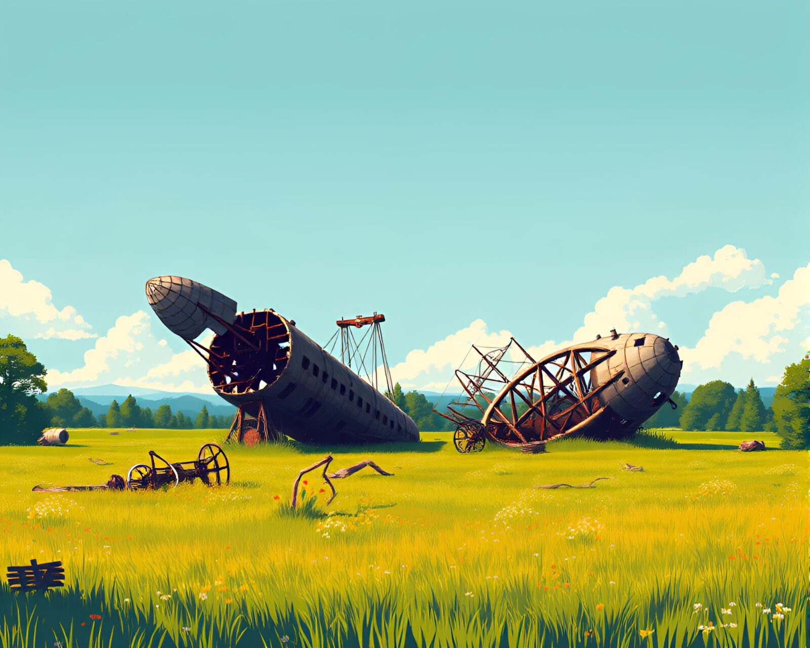 Rusted zeppelin frames against blue sky in pixel art