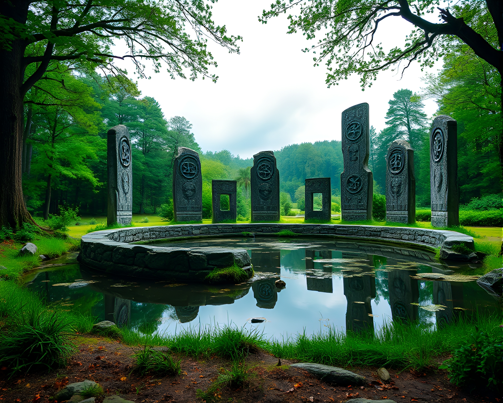 Enchanting Druidic Stone Circle in Lush Forest Clearing – free AI stock image