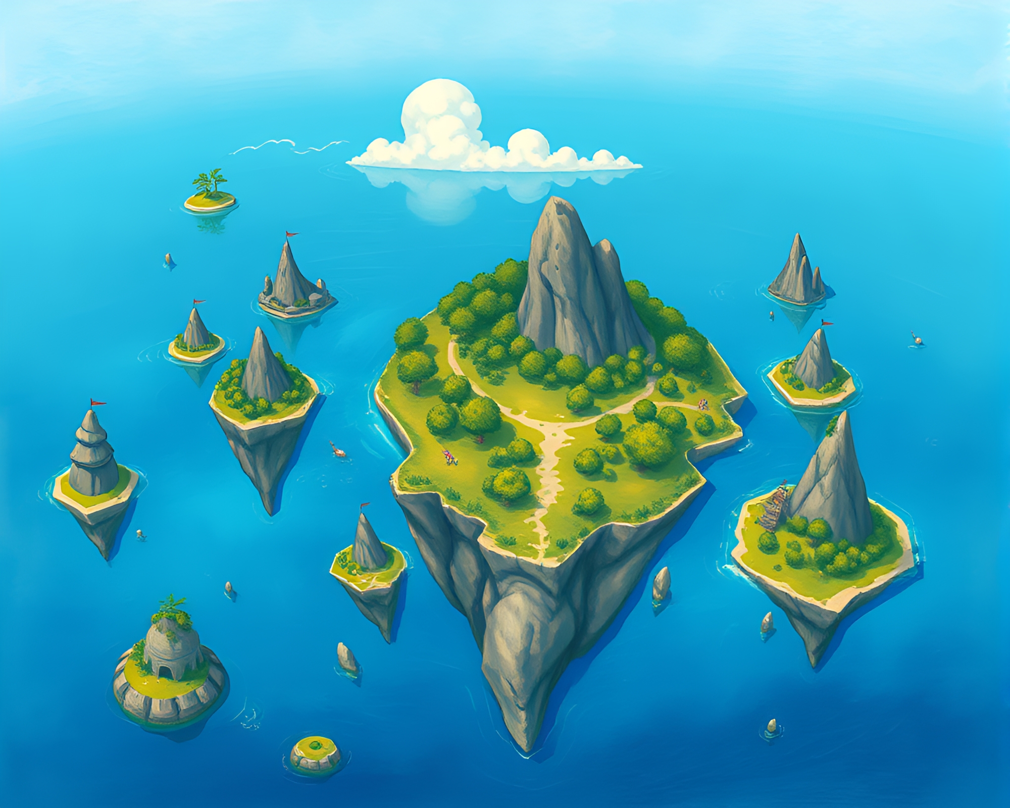 Intricate floating island archipelago in vibrant gouache style – free AI stock image