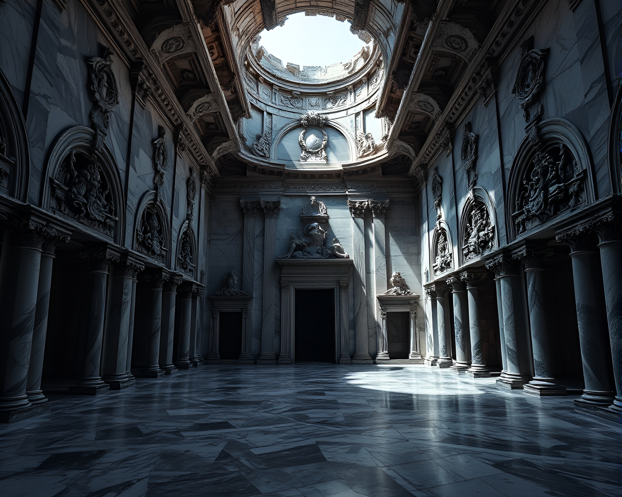 Ethereal Deserted Marble Palace Ruins with Intricate Carvings – free AI stock image