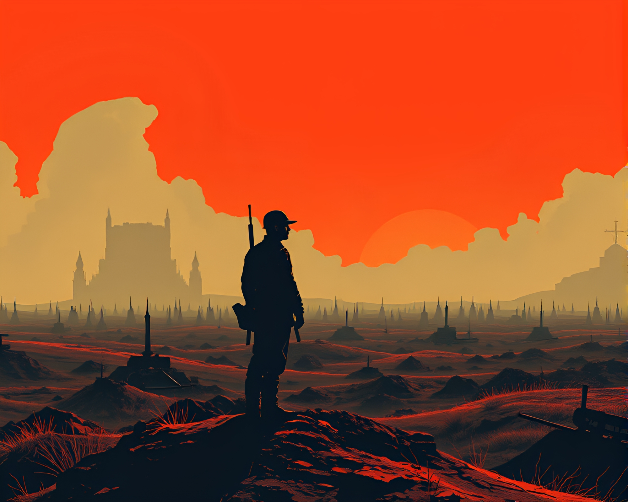 Art Deco Soldier Contemplates War in Spectral Battlefield – free AI stock image