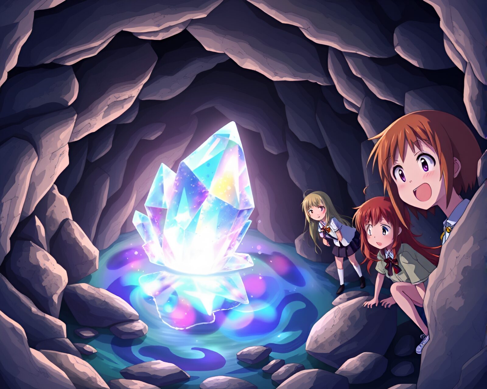 Anime characters laugh joyously in vibrant crystal cavern oasis