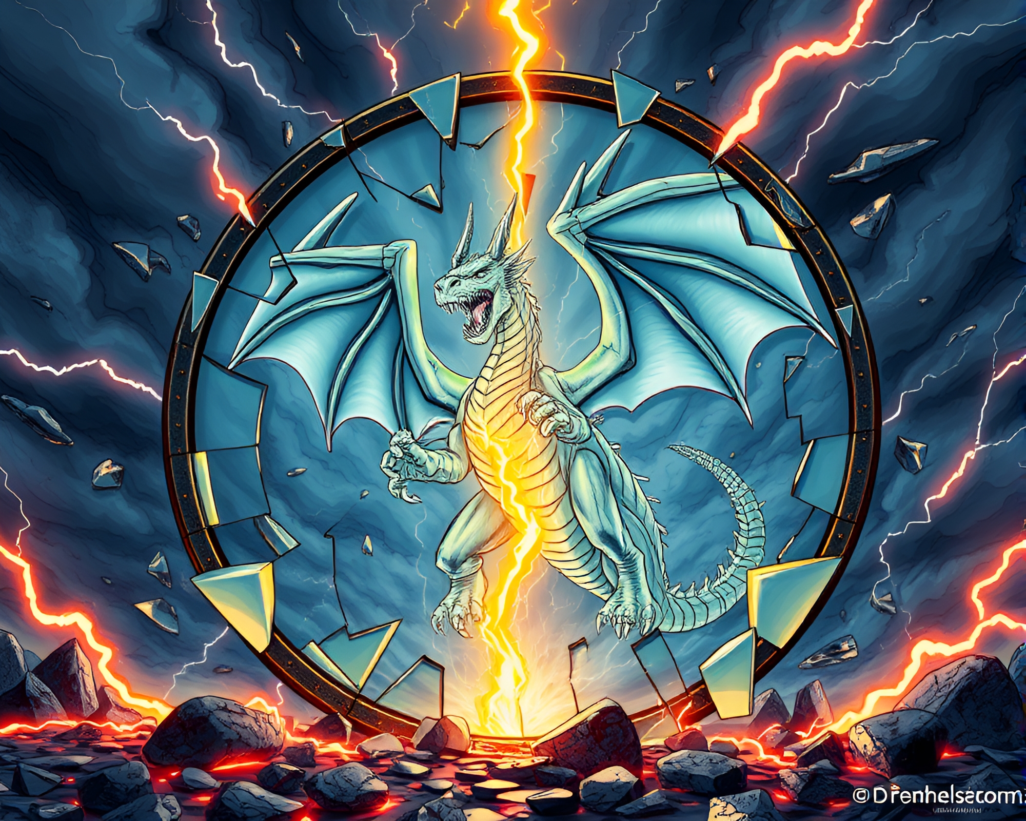 Dynamic Dragon Reflection: Mirror Shatters into Electric Charges – free AI stock image