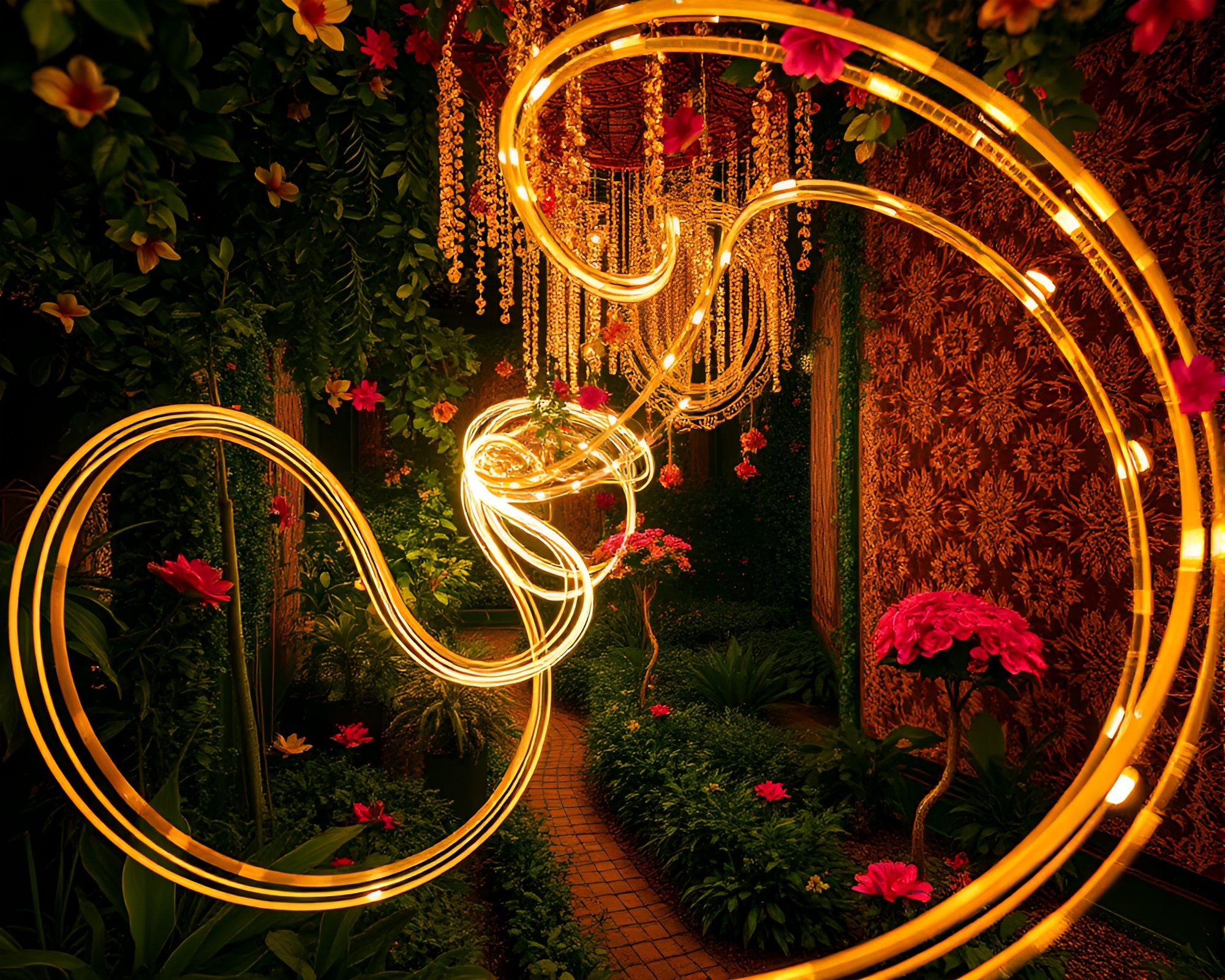 Kinetic Light Trails Dance in Luxurious Embroidered Garden – free AI stock image