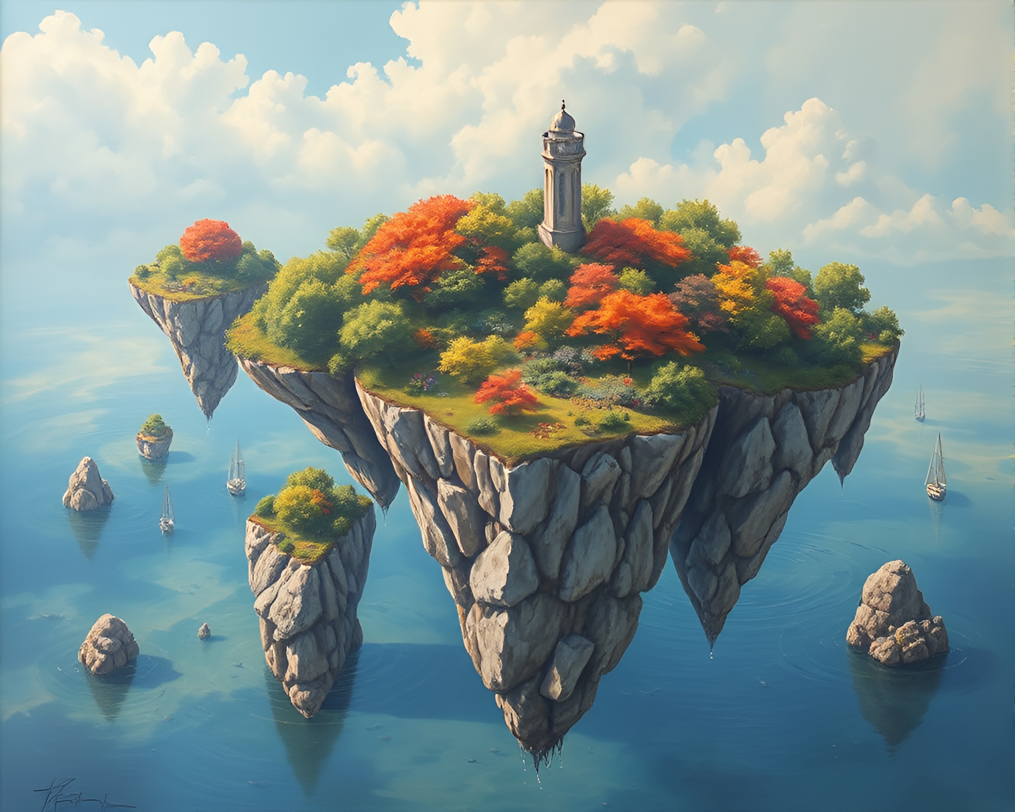 Surreal Floating Island Archipelago in Vibrant Oil Painting – free AI stock image