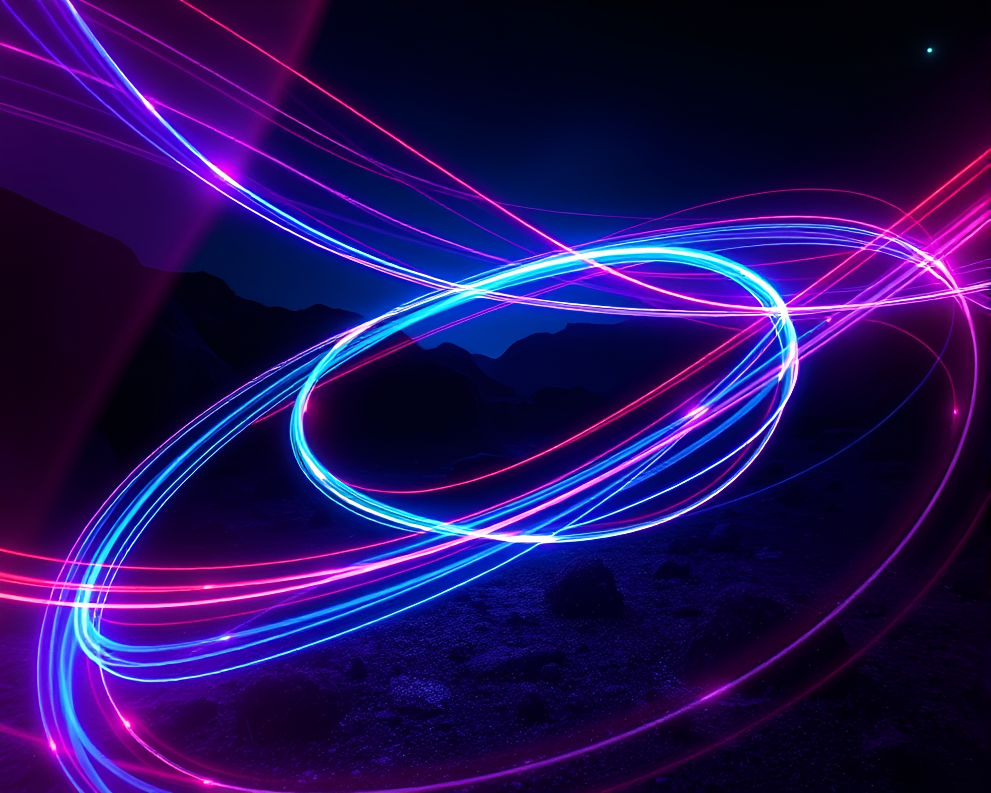 Vibrant Light Trails Dance in Dark Surreal Landscape – free AI stock image