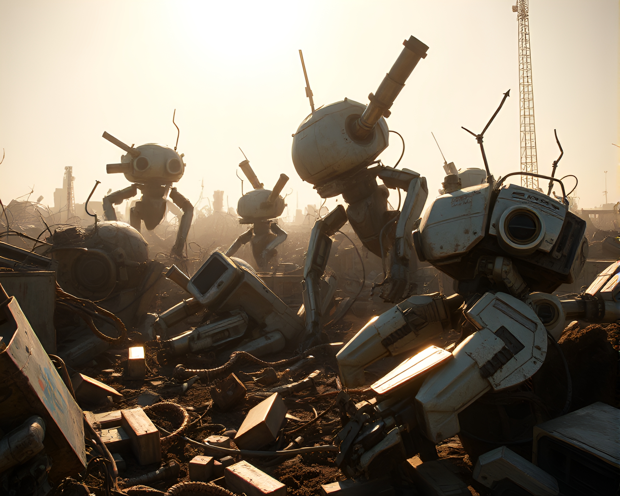 Apocalyptic Robot Junkyard: Haunting Display of Destruction – free AI stock image