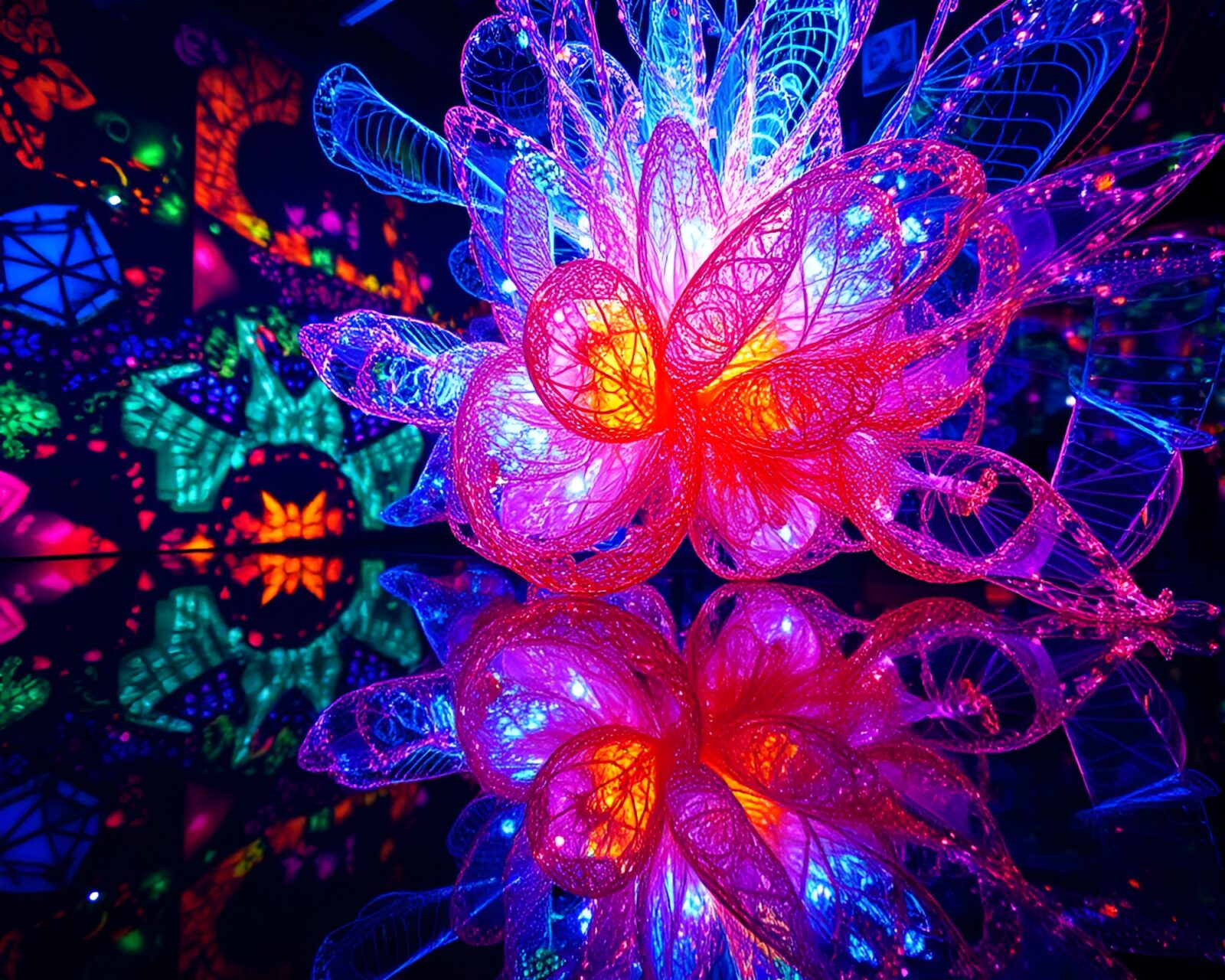 Vibrant abstract reflections of moving, colorful kinetic sculpture artwork