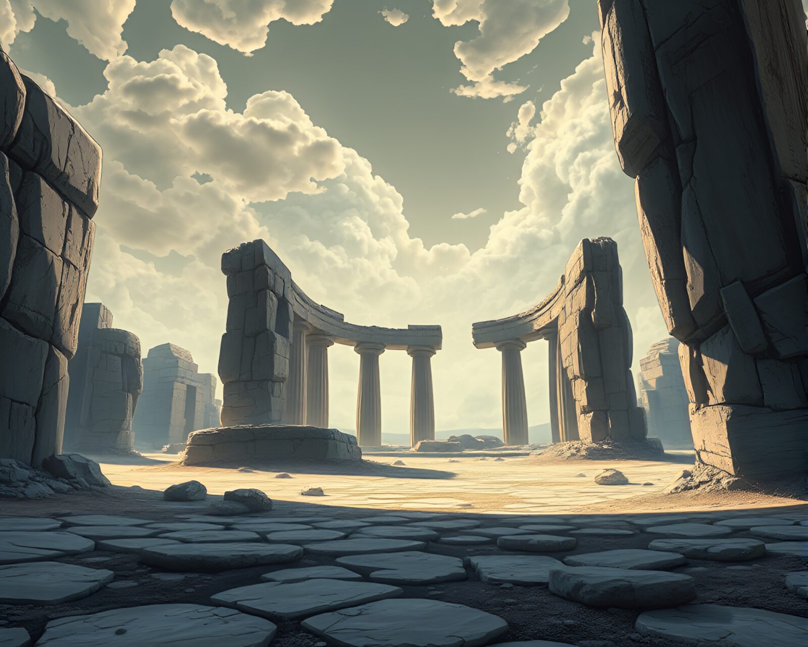 Surreal line drawing of ancient ruins under dark sky