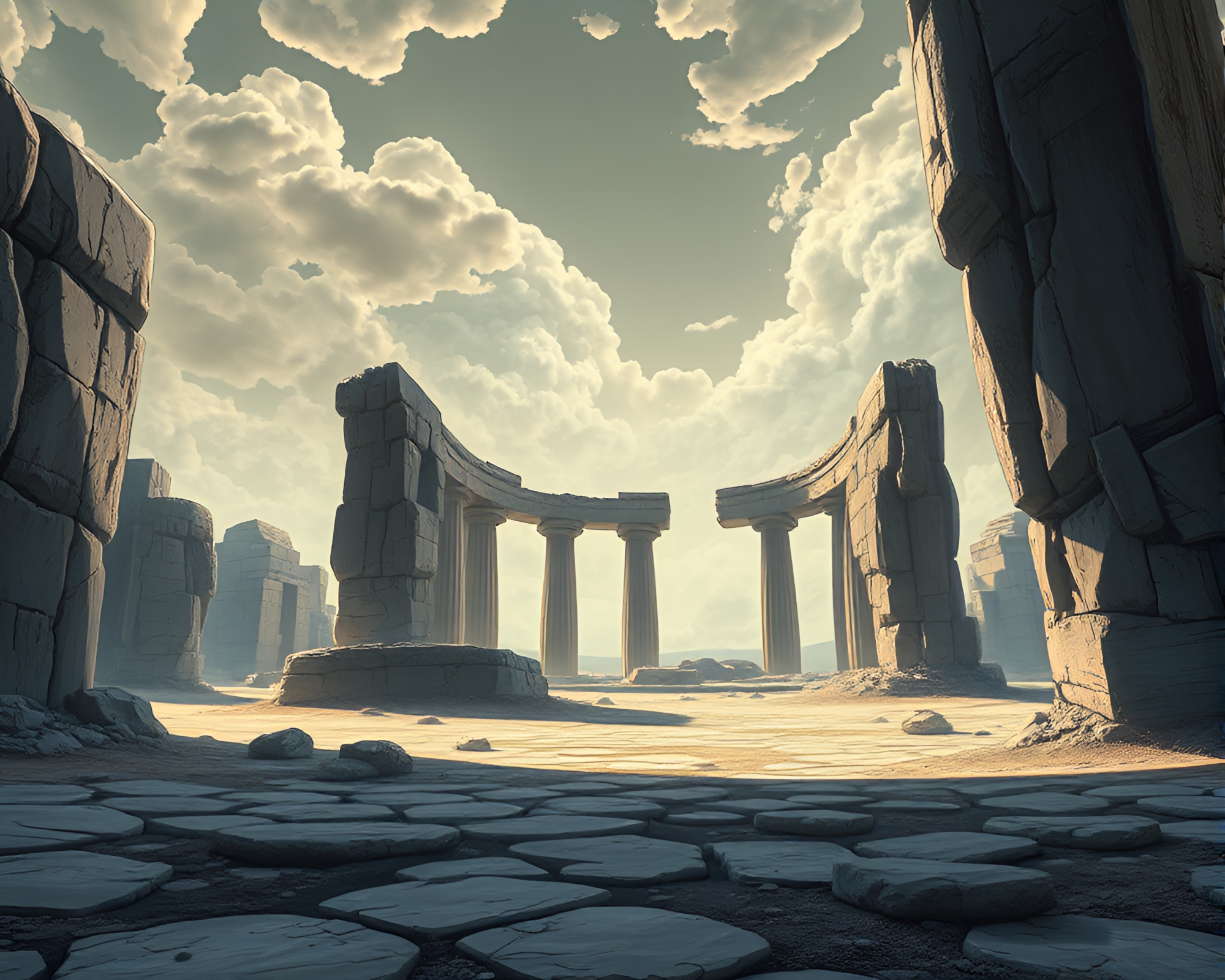 Aged monolithic ruins under dramatic skies illustration – free AI stock image