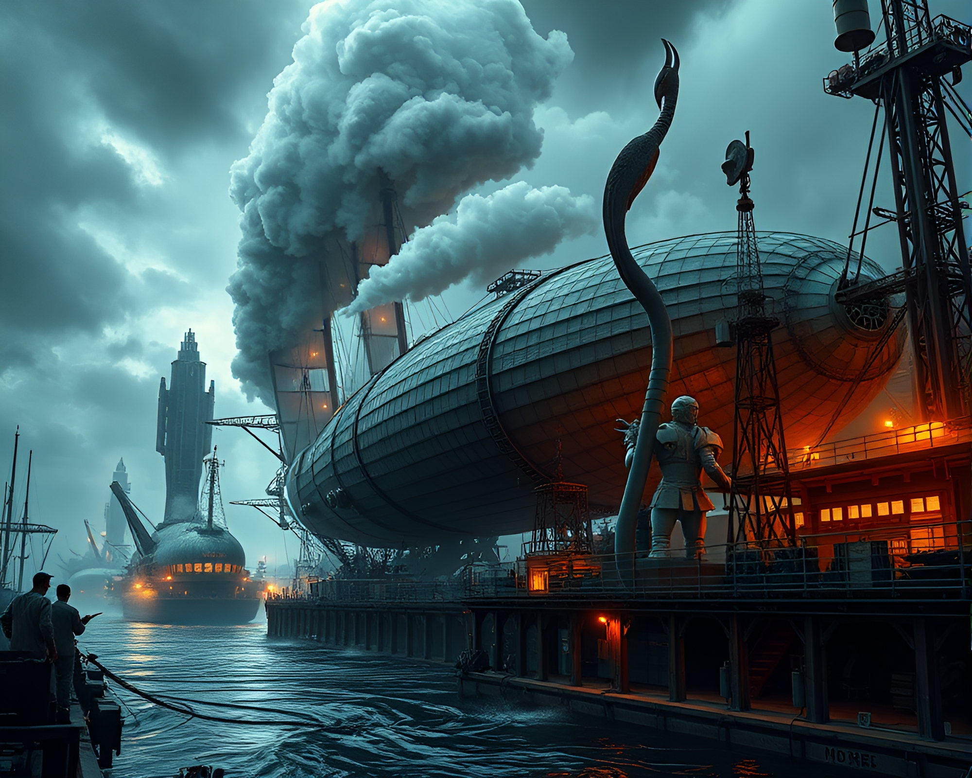 Steam-powered Airship Navigates Industrial Art Port – free AI stock image