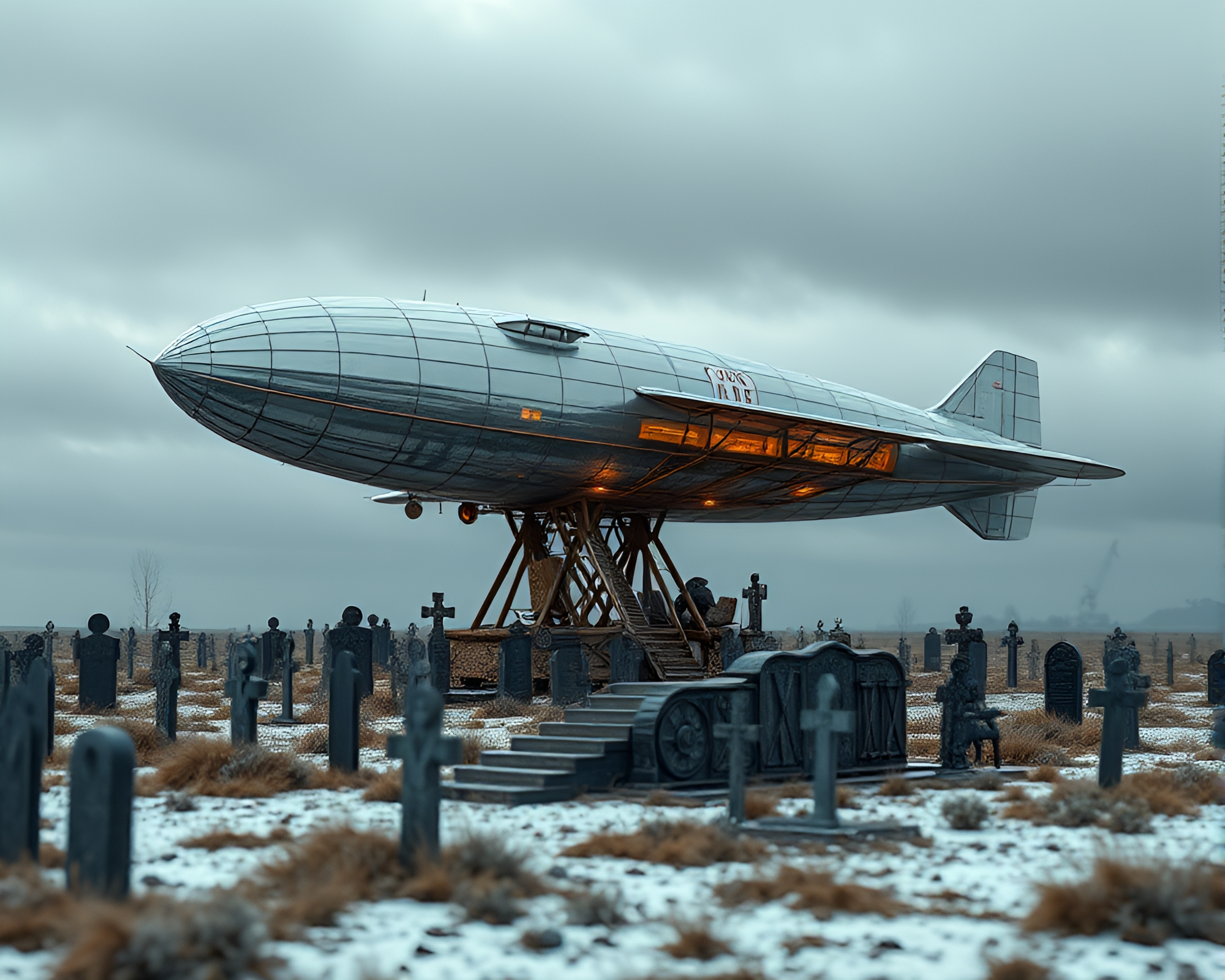 Ethereal Kinetic Sculpture: Zeppelin Graveyard Wonder – free AI stock image