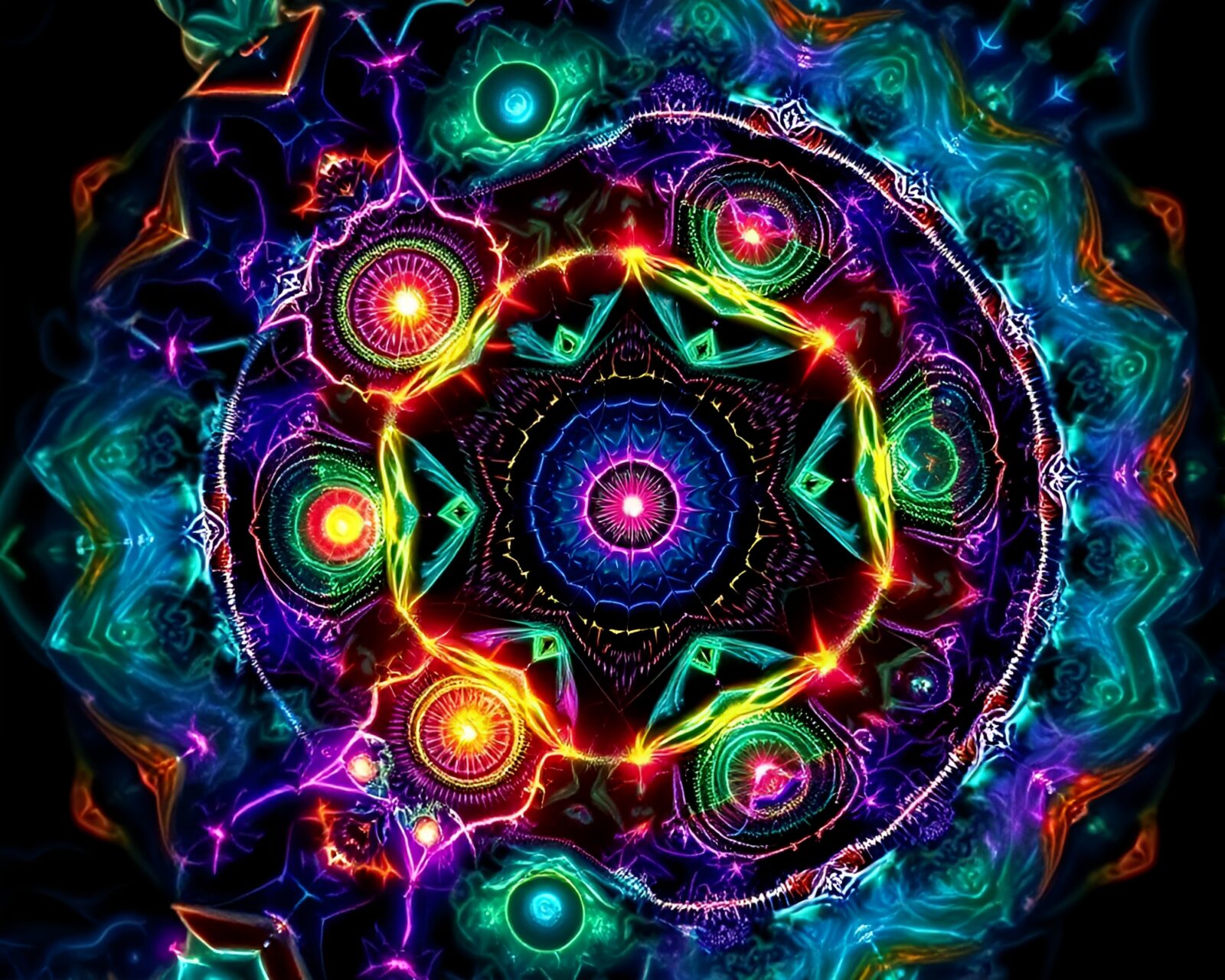 Mystical fractal design with glowing orbs and cosmic symbols