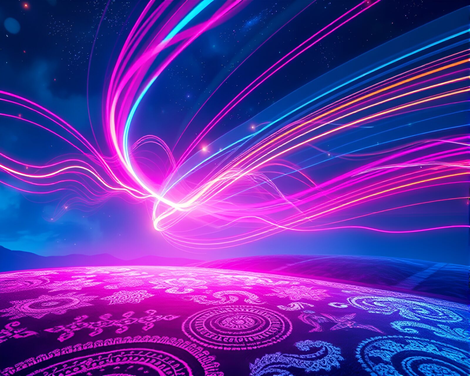 Vibrant kinetic light trails dance across surreal embroidered landscape