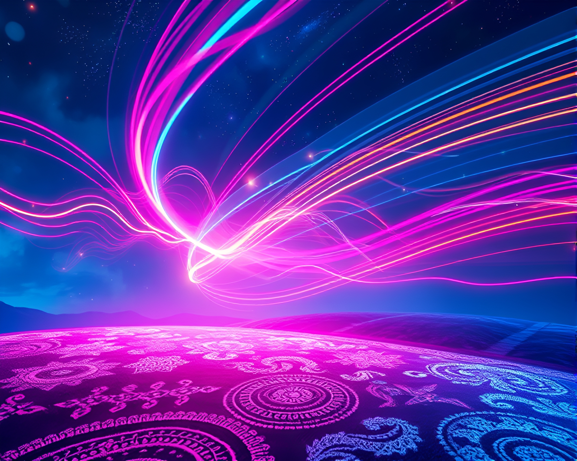 Mesmerizing Light Trails Dance in Ethereal Dreamlike Landscape – free AI stock image