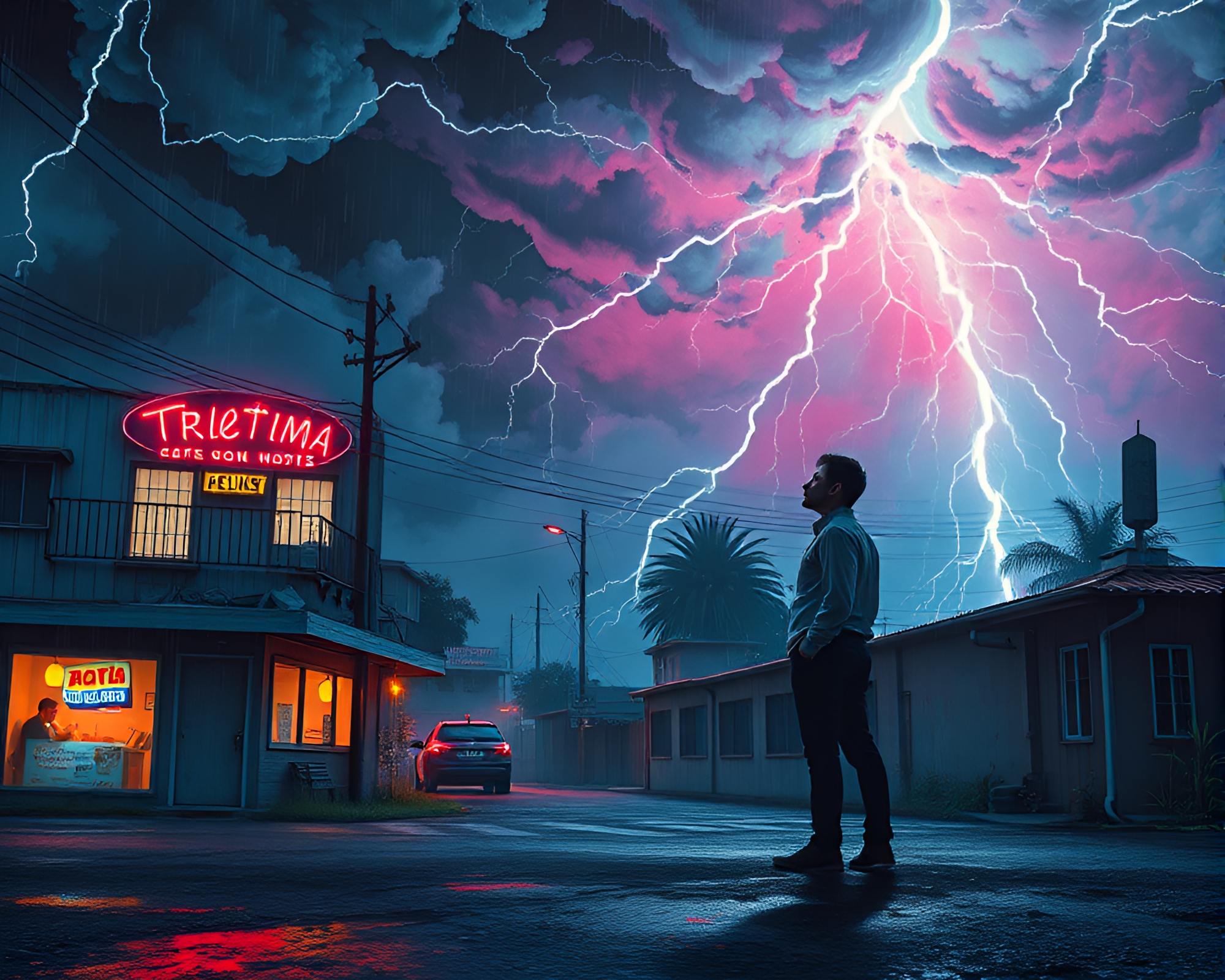 Melancholic Figure in Vibrant Pop Art Storm – free AI stock image
