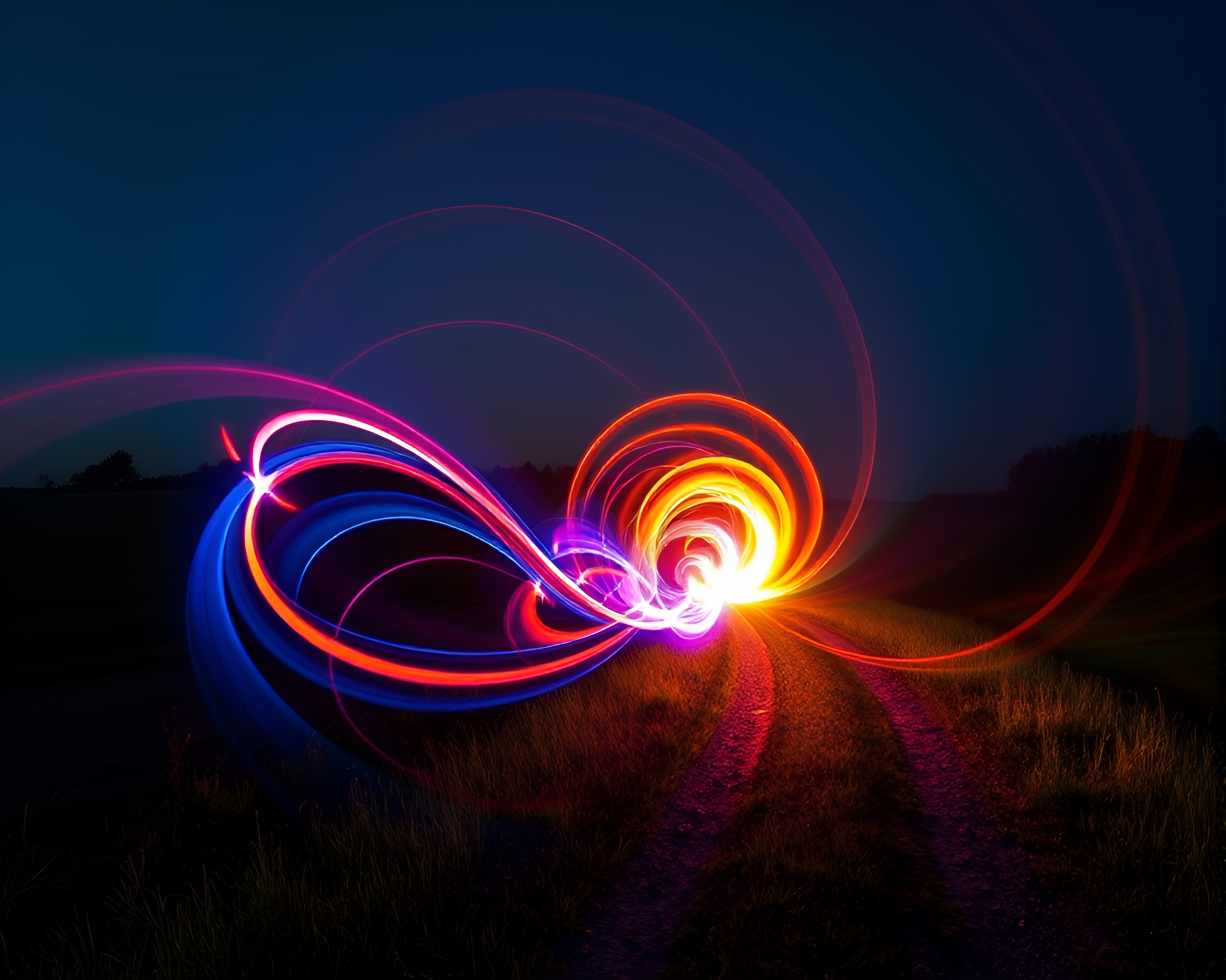 Vibrant Kinetic Light Tunnel in Serene Pastoral Landscape – free AI stock image