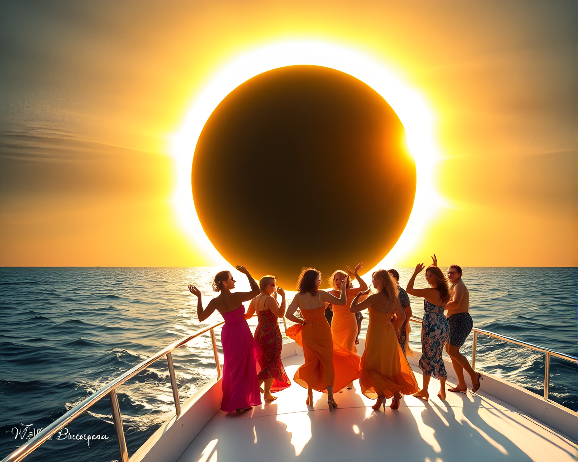 Vibrant Eclipse Celebration: Colorful Boat on Ocean – free AI stock image