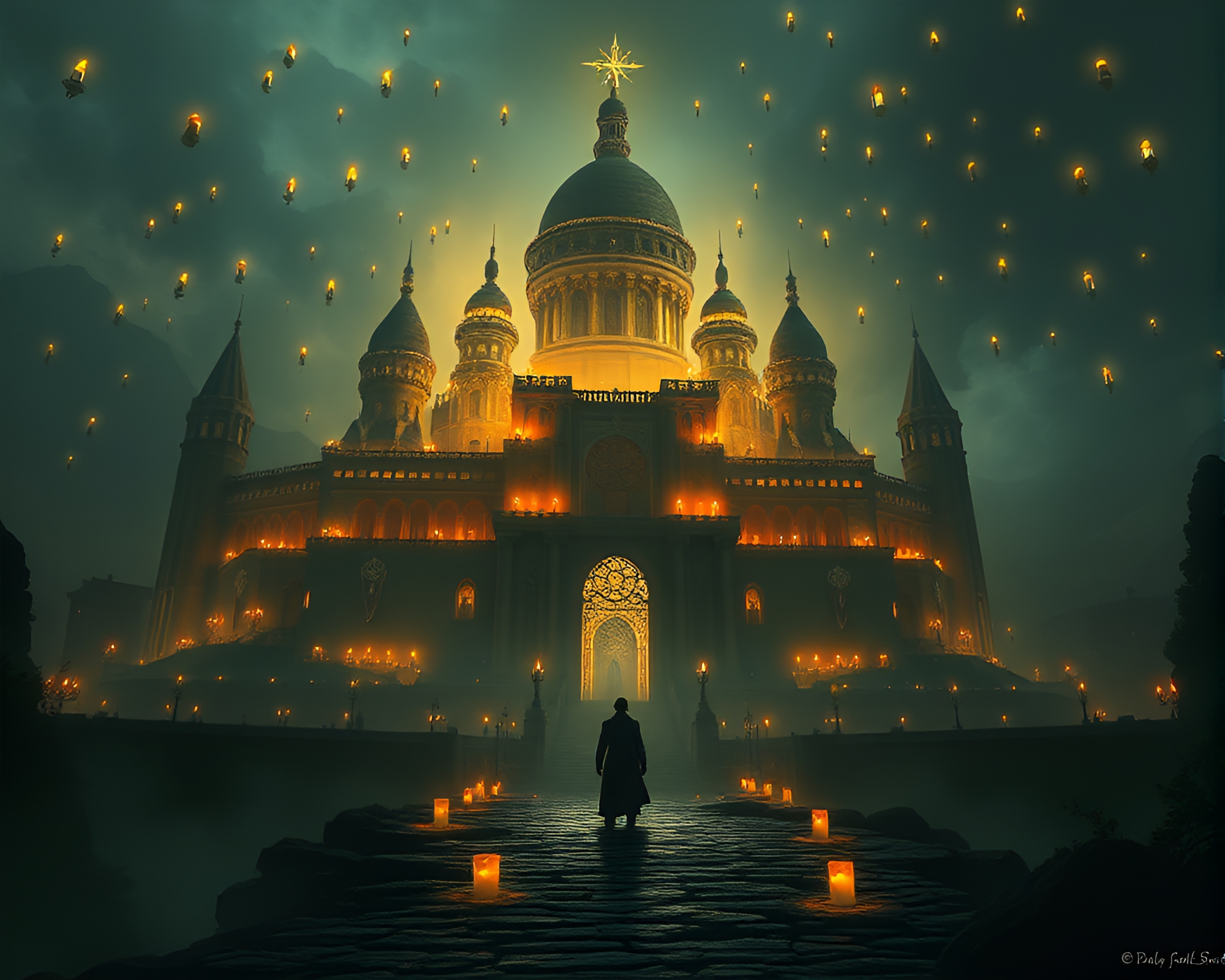 Enchanting Citadel: Floating Candles Illuminate Mystical Portrait – free AI stock image