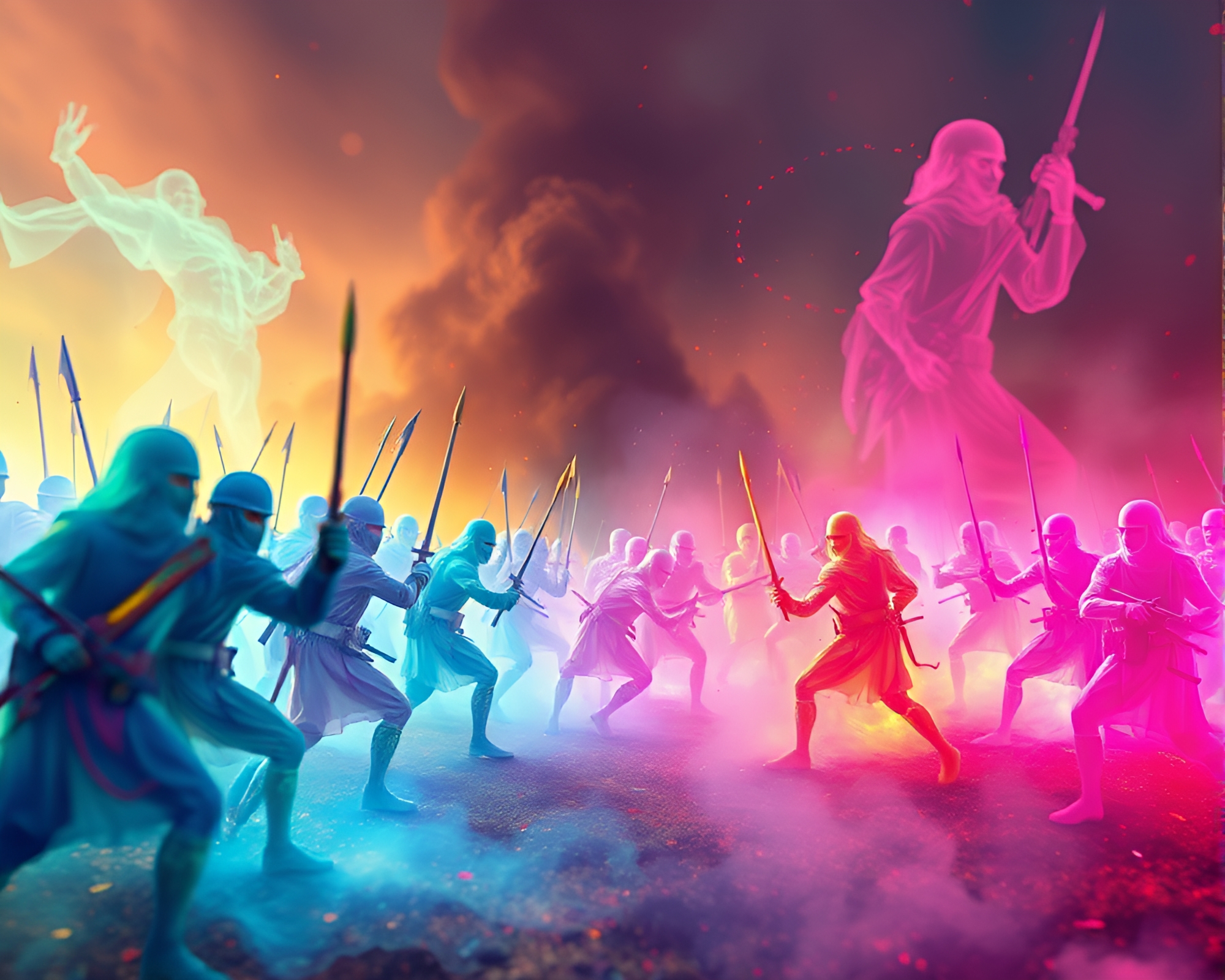 Ethereal Spectral Battlefield with Vibrant Swirling Soldiers – free AI stock image
