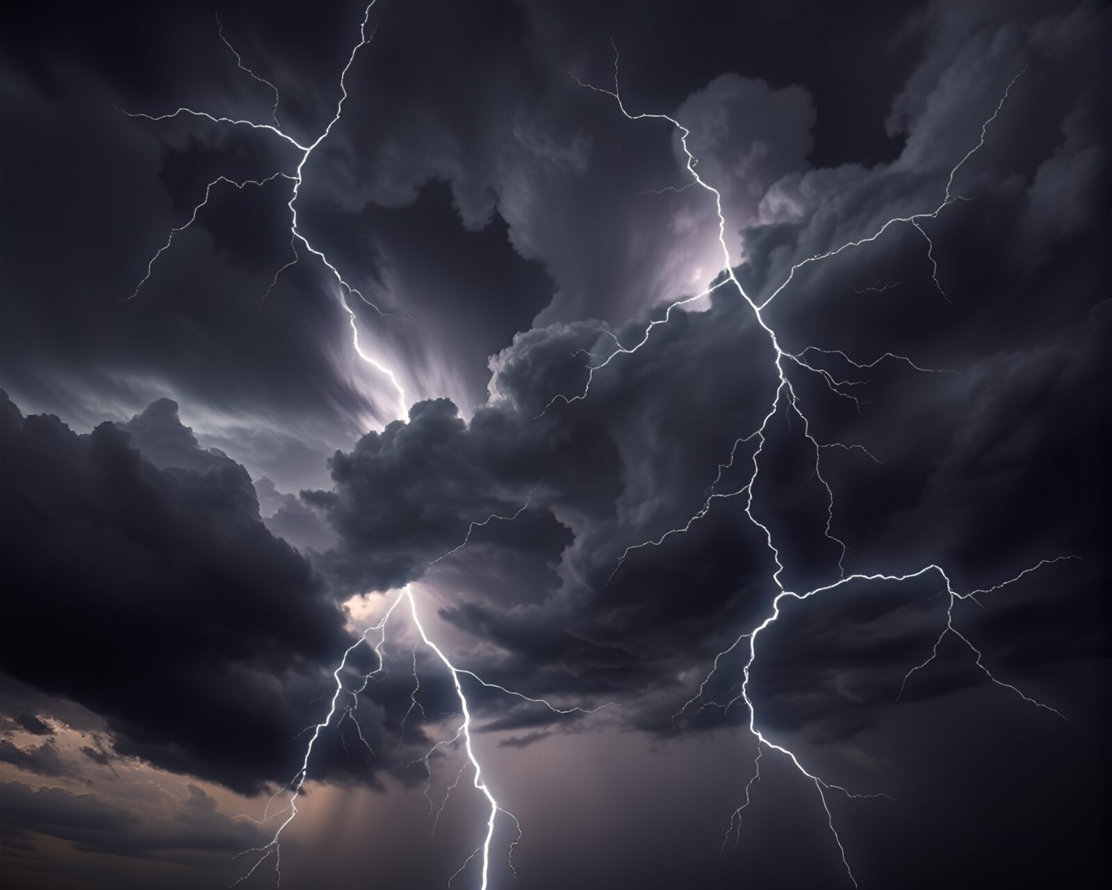 Dramatic depiction of swirling storm clouds with lightning bolts