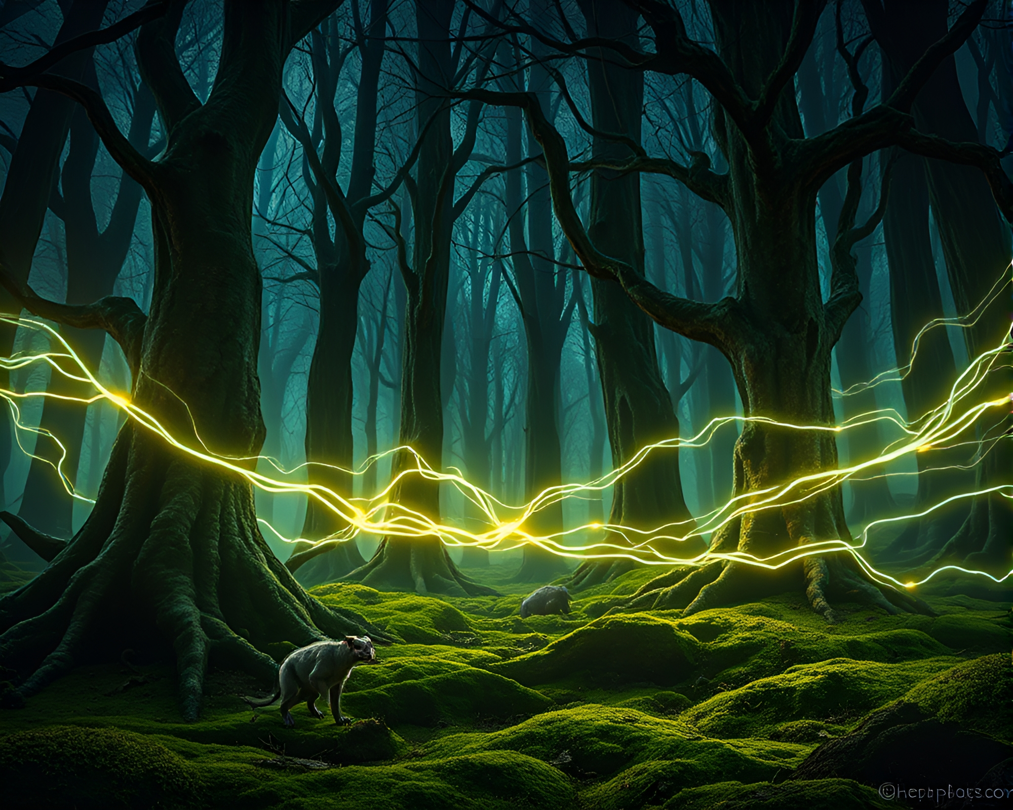 Enchanted Ancient Forest with Kinetic Light Trails – free AI stock image