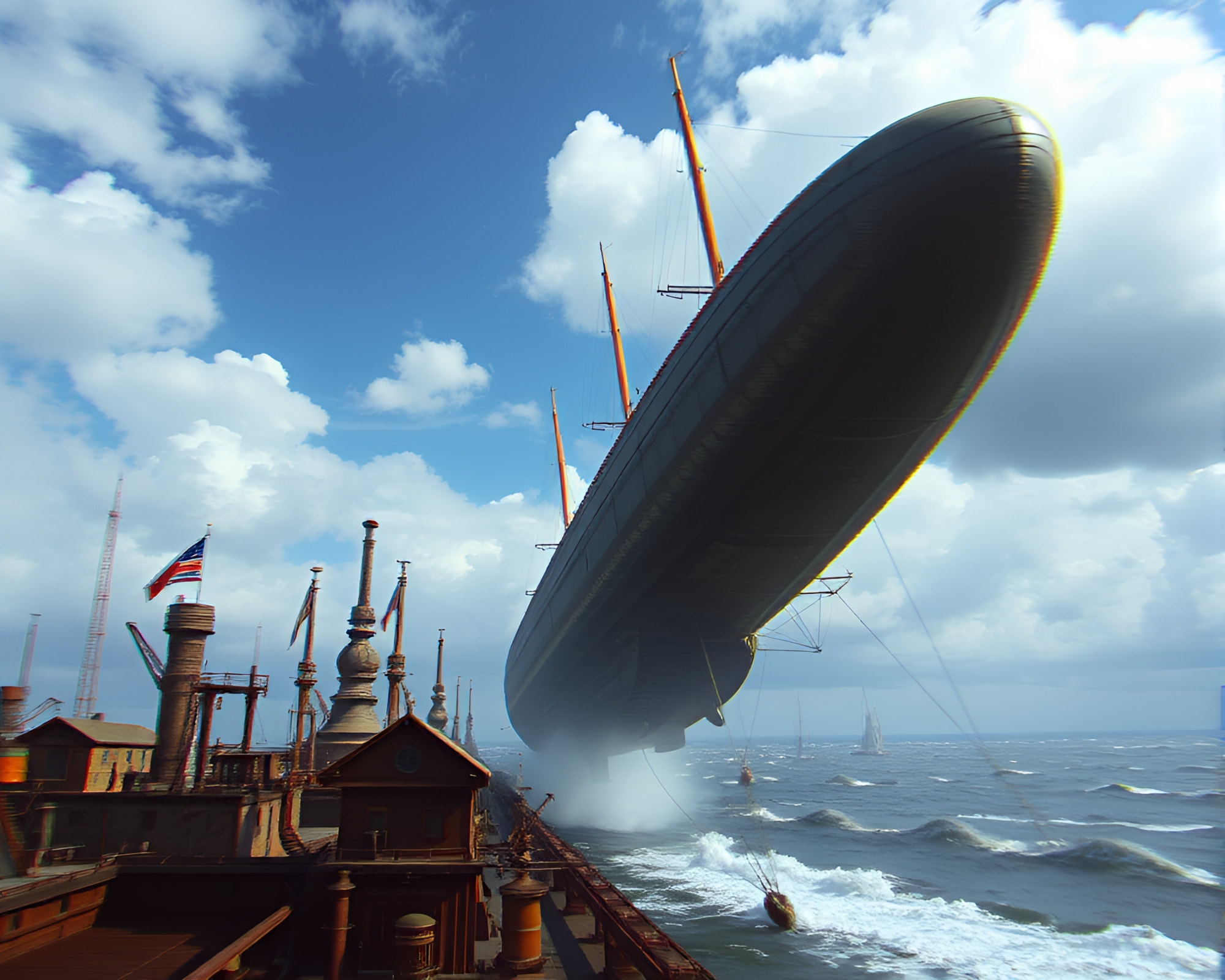 Windswept Steampunk Airship Port Glitched Skies Scene – free AI stock image