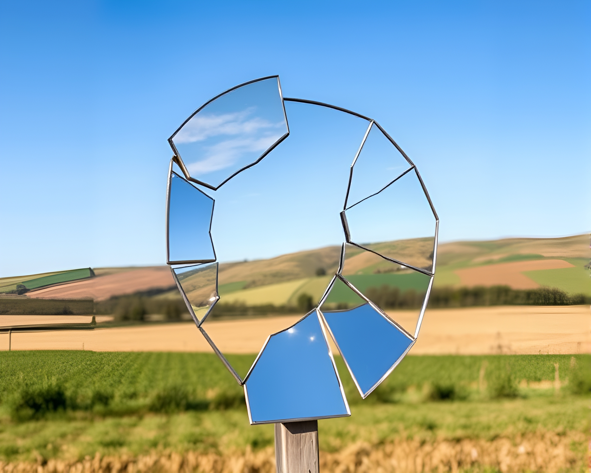 Shattered Mirror Reflecting Tranquil Pastoral Landscape – free AI stock image