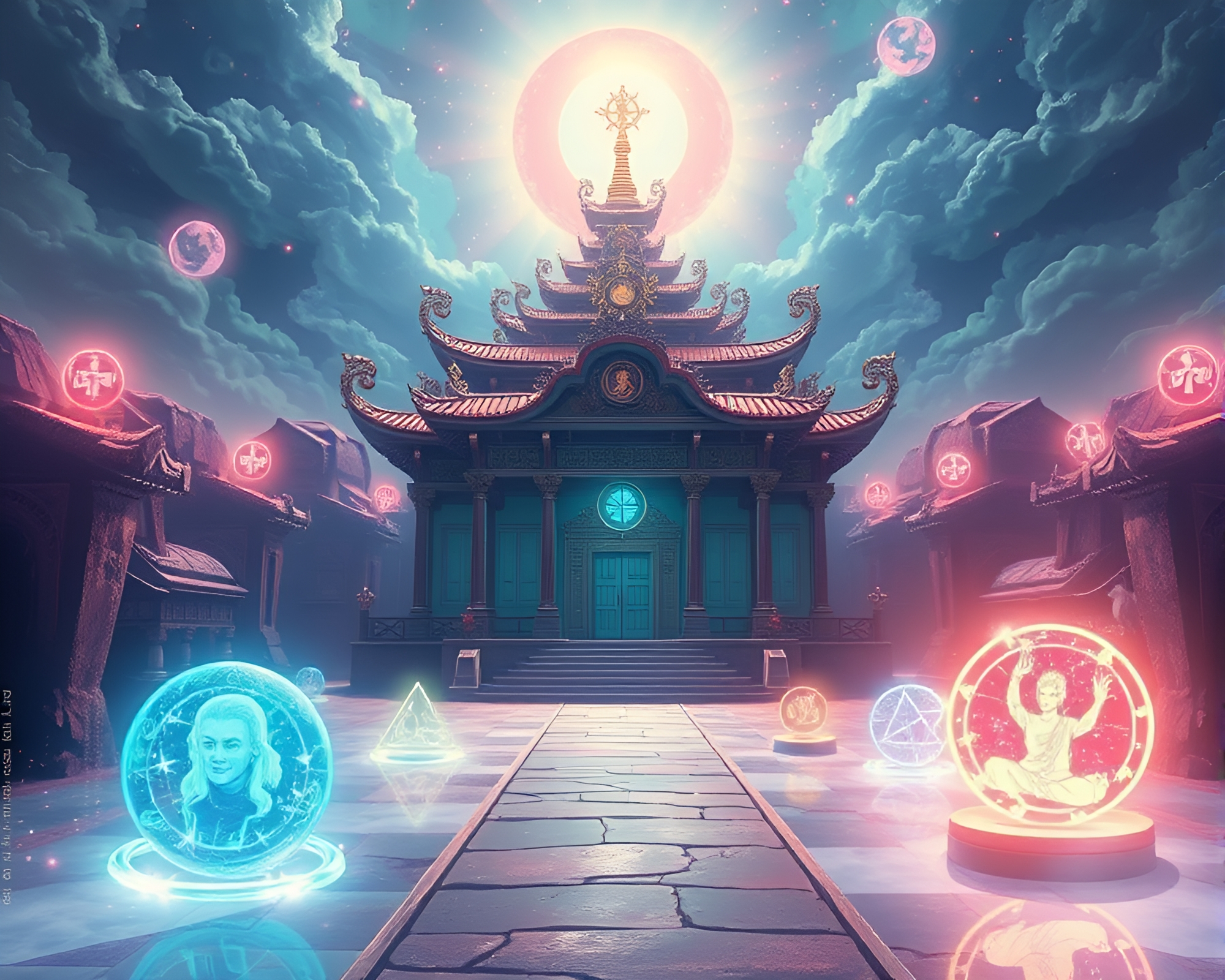 Enigmatic Anime Temple pulsating with mystic symbols – free AI stock image