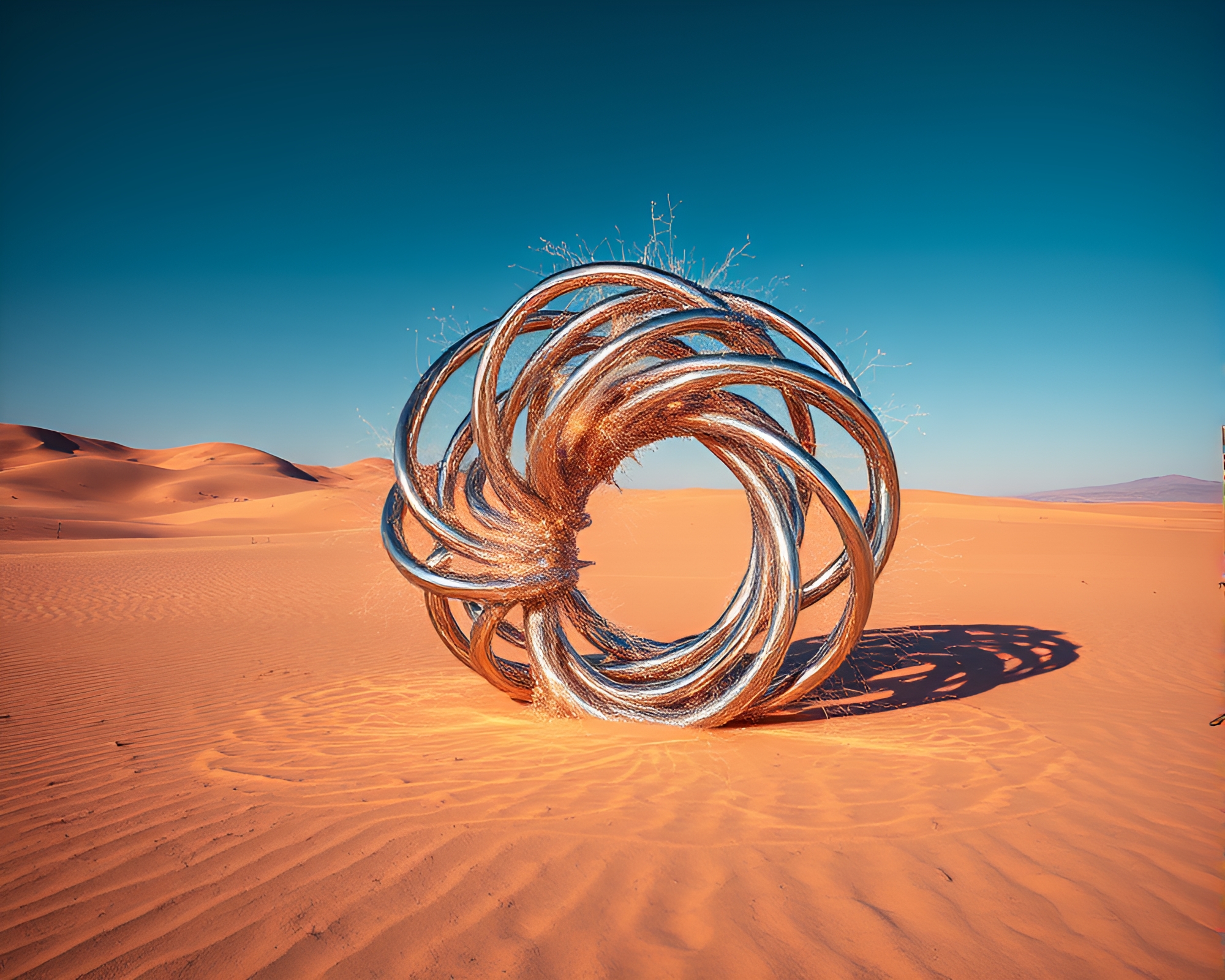 Intricate Kinetic Sculpture in Desert Landscape – free AI stock image