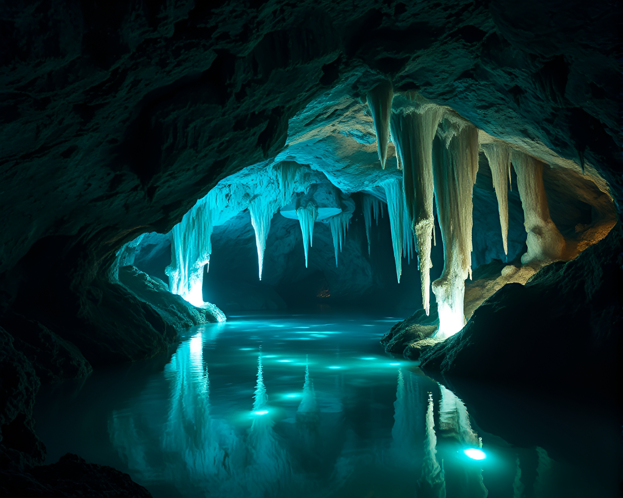 Glowing Crystal Lake in Enchanting Underground Cavern – free AI stock image