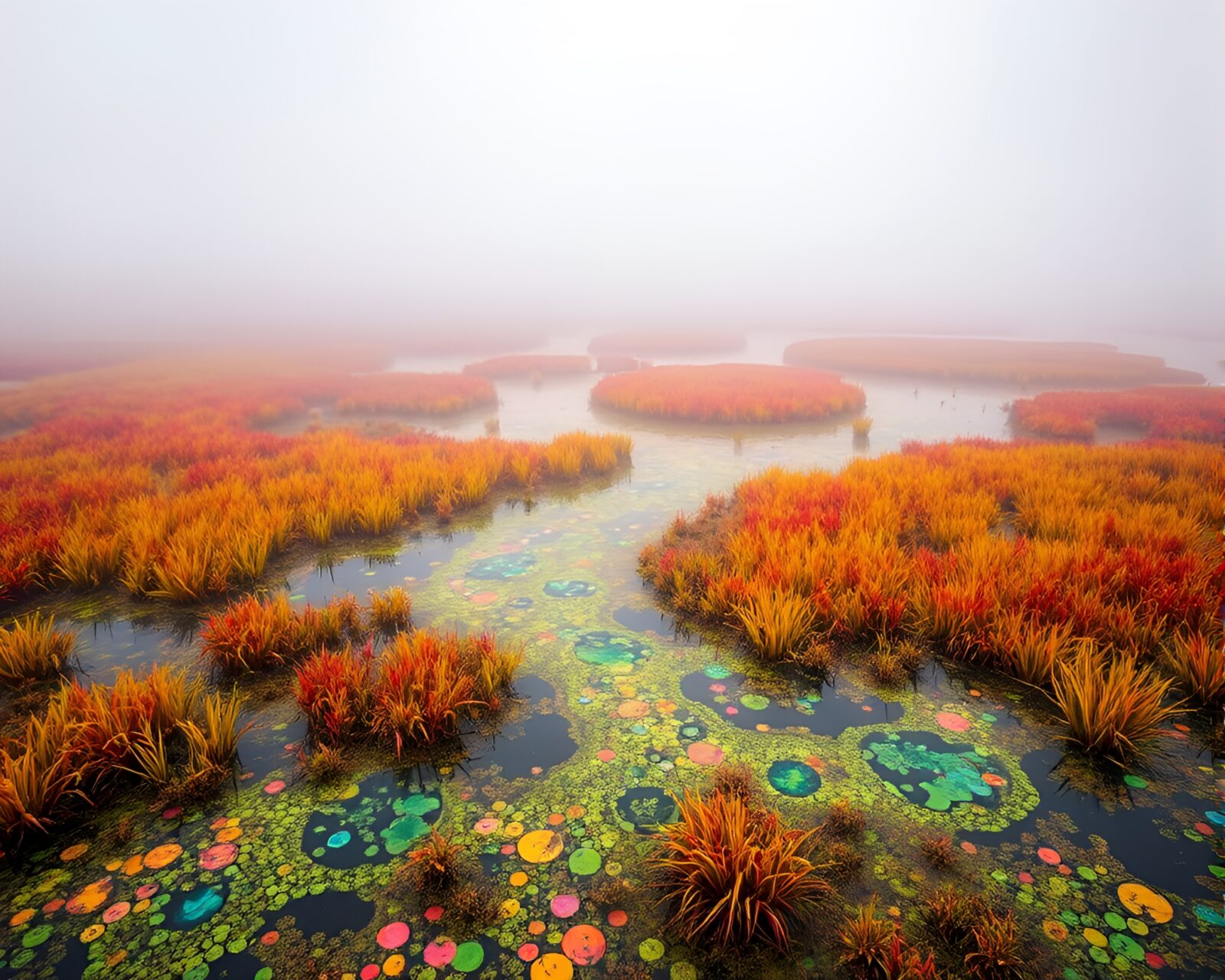 Surreal marsh scene with vibrant colors and intricate mosaic tiles